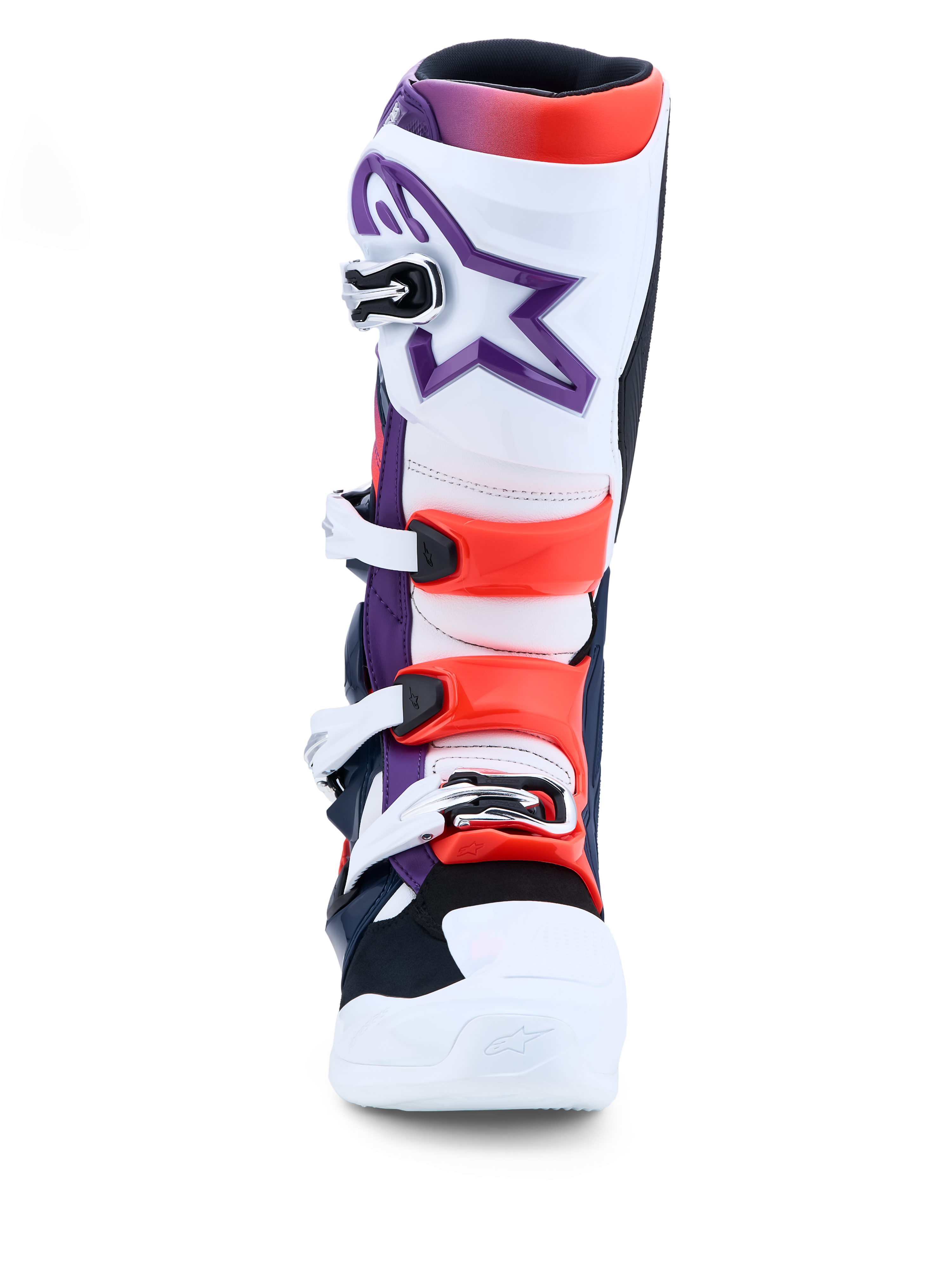 Alpinestars Tech 7, botas de motocross roxas, brancas e vermelho fluo, com proteção TPU e fechos de fivela.