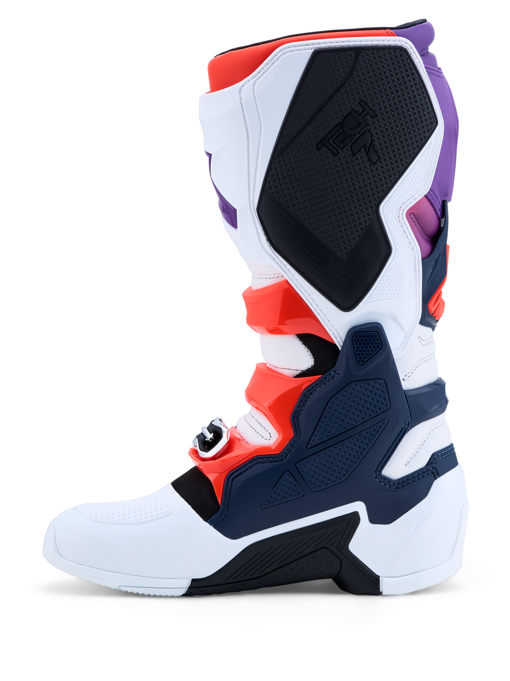 Alpinestars Botas Tech 7 de motocross para homem, em branco, azul e roxo com detalhes vermelho fluo e placas de TPU.