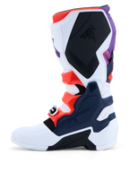 Alpinestars Botas Tech 7 de motocross para homem, em branco, azul e roxo com detalhes vermelho fluo e placas de TPU.