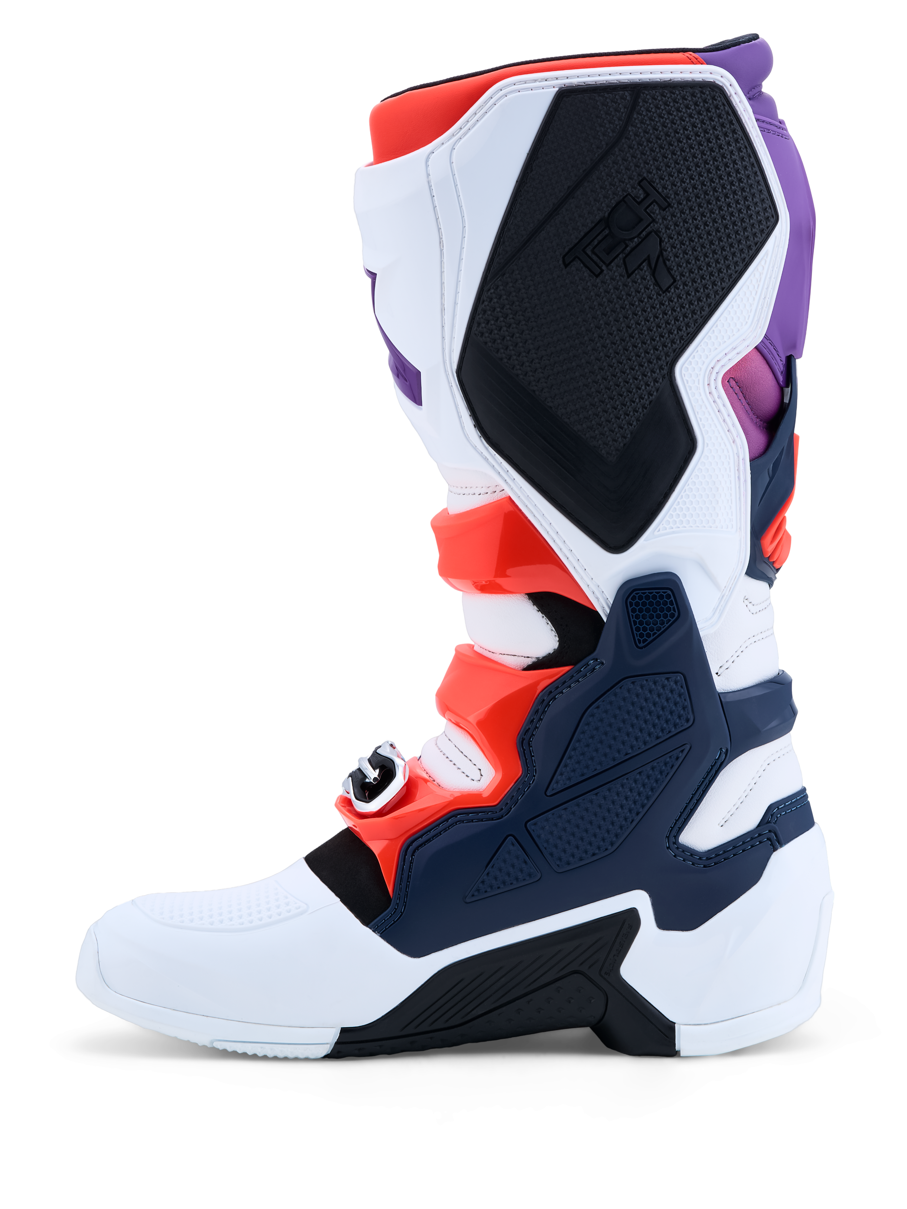 Alpinestars Botas Tech 7 de motocross para homem, em branco, azul e roxo com detalhes vermelho fluo e placas de TPU.