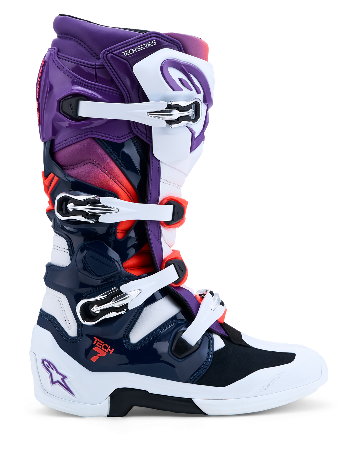 Alpinestars Botas Tech 7, botas de motocross roxas, brancas e azul escuro, sistema de pivô duplo, certificadas CE.
