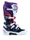 Alpinestars Botas Tech 7, botas de motocross roxas, brancas e azul escuro, sistema de pivô duplo, certificadas CE.