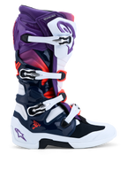 Alpinestars Botas Tech 7, botas de motocross roxas, brancas e azul escuro, sistema de pivô duplo, certificadas CE.