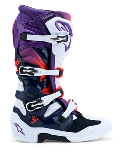 Alpinestars Botas Tech 7, botas de motocross roxas, brancas e azul escuro, sistema de pivô duplo, certificadas CE.