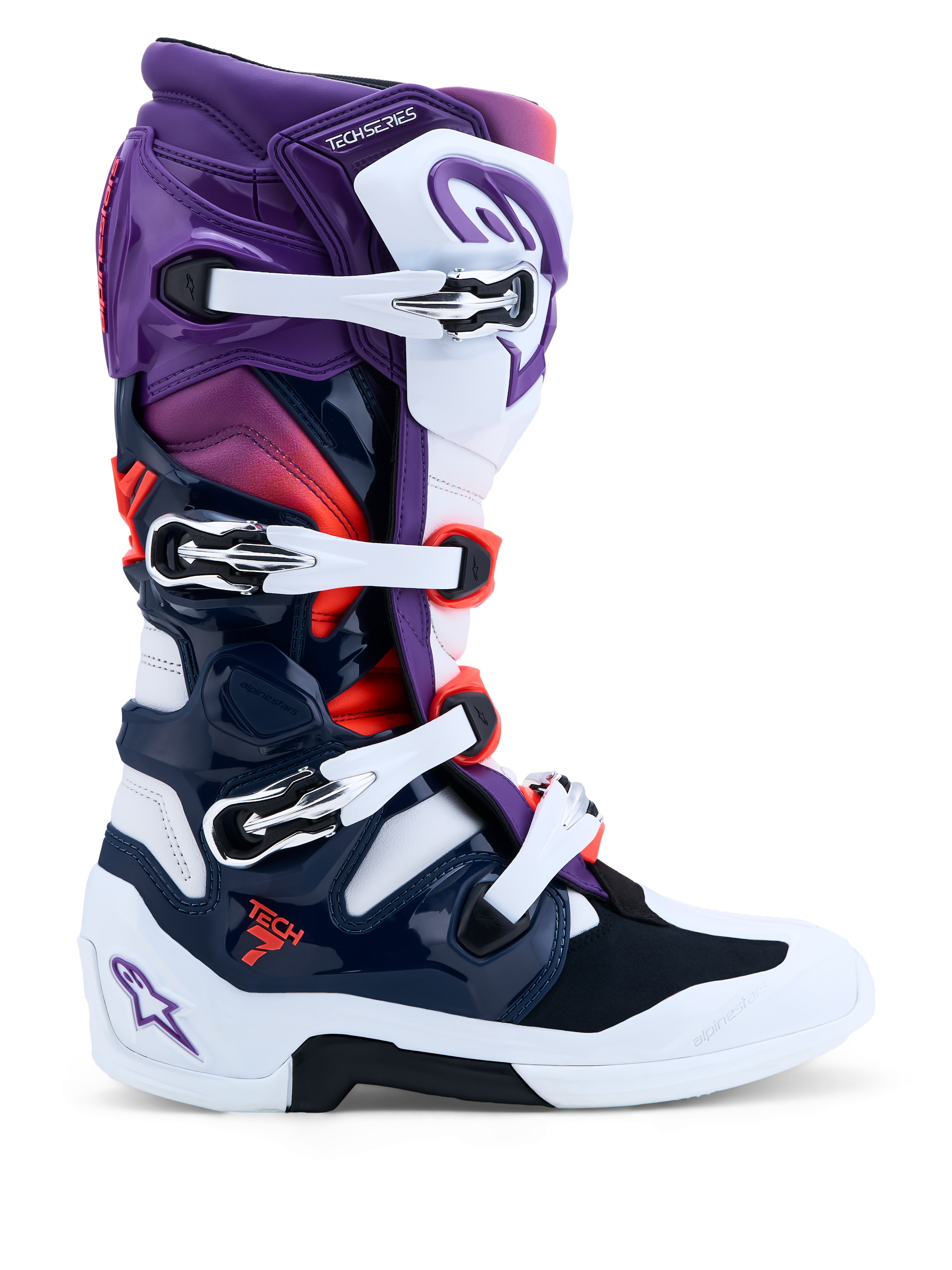 Alpinestars Botas Tech 7, botas de motocross roxas, brancas e azul escuro, sistema de pivô duplo, certificadas CE.