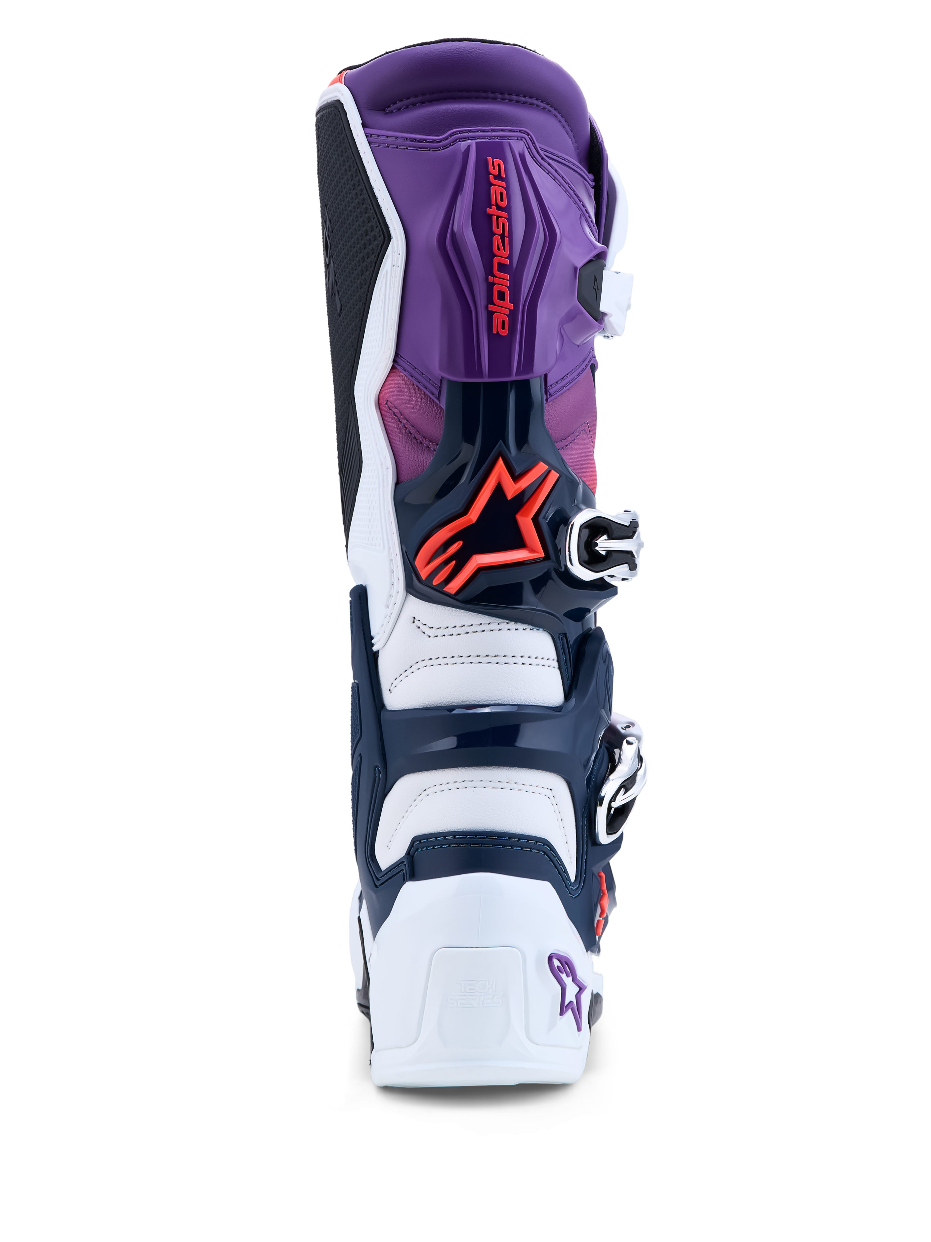 Alpinestars Tech 7, botas de motocross para homem, roxas e brancas, vista traseira, proteção TPU e detalhes vermelho fluo