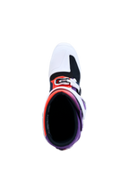 Botas Tech 7 da Alpinestars, vista superior, roxas e brancas, com acolchoamento interior e sistema de fivelas para motocross.