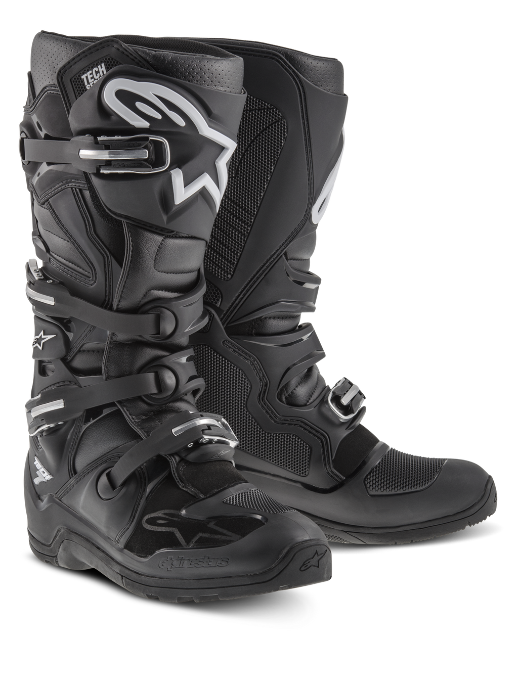 Alpinestars Tech 7 Enduro Boots, Motocross and Off-Road Boots, Black with white Alpinestars logo, featuring four adjustable buckles, TPU shin plate, and durable Enduro-specific sole.