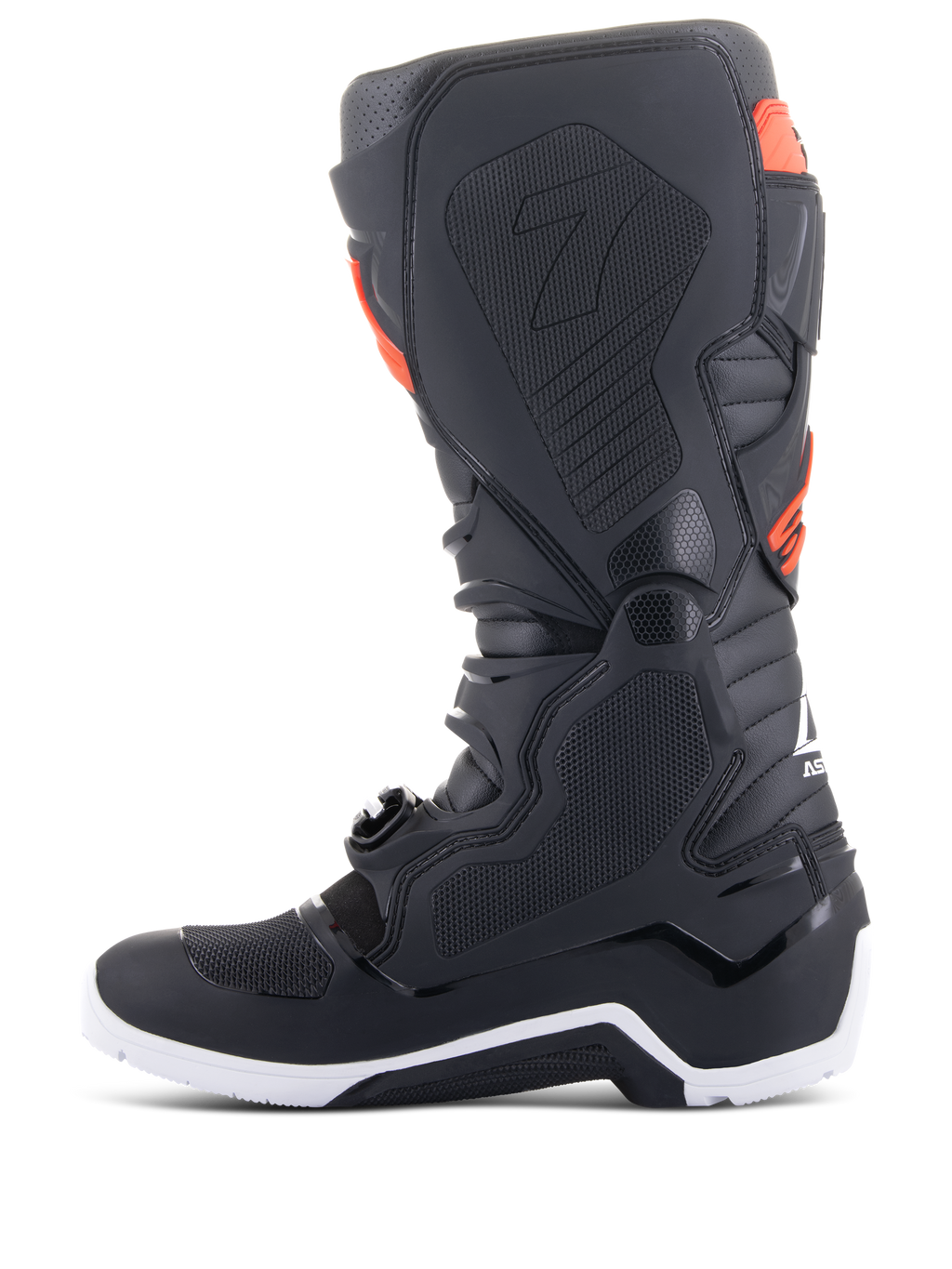 Botas Alpinestars Tech 7 Enduro, preto e vermelho fluo, vista de perfil medial com painéis de aderência em favo de mel e sola branca, botas de motociclismo todo-o-terreno de alta performance