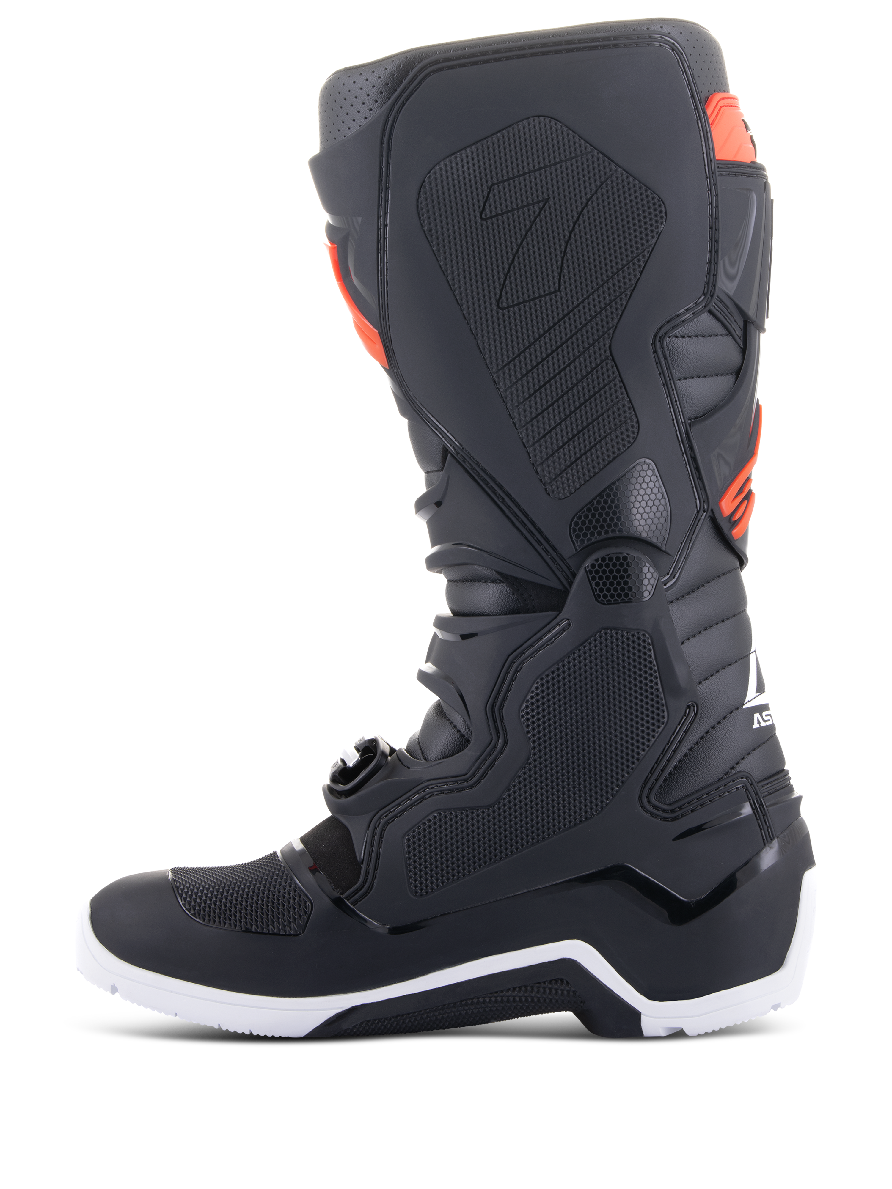 Botas Alpinestars Tech 7 Enduro, preto e vermelho fluo, vista de perfil medial com painéis de aderência em favo de mel e sola branca, botas de motociclismo todo-o-terreno de alta performance