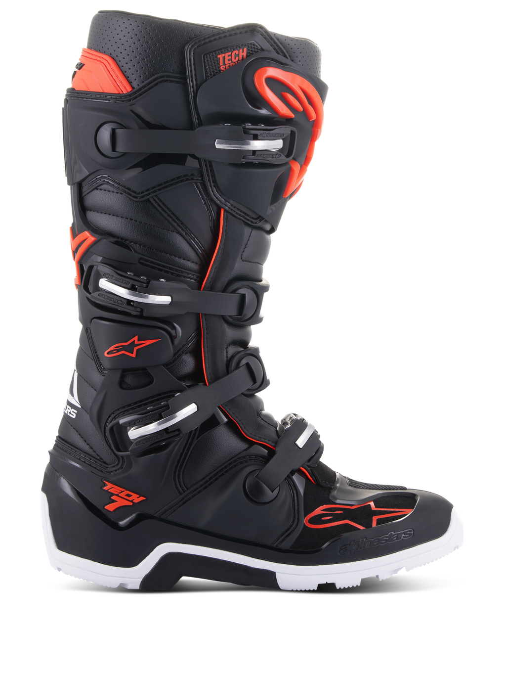 Botas Alpinestars Tech 7 Enduro, botas de motocross e todo-o-terreno, pretas e vermelho fluo, sistema de fecho de quatro fivelas com detalhes prateados, sola robusta branca e preta, logótipo Alpinestars na biqueira e na lateral, proteção de nível profissional para enduro e trilhos