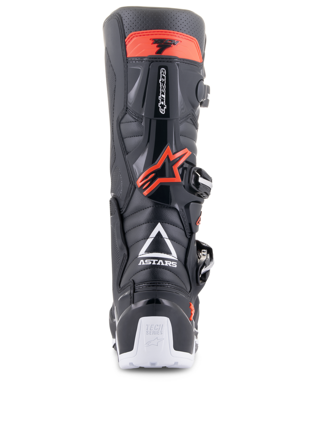 Botas Alpinestars Tech 7 Enduro, preto e vermelho fluo, vista traseira com logótipo ASTARS branco, proteção de panturrilha em TPU vermelho e detalhes brancos no calcanhar, calçado durável para motociclismo todo-o-terreno