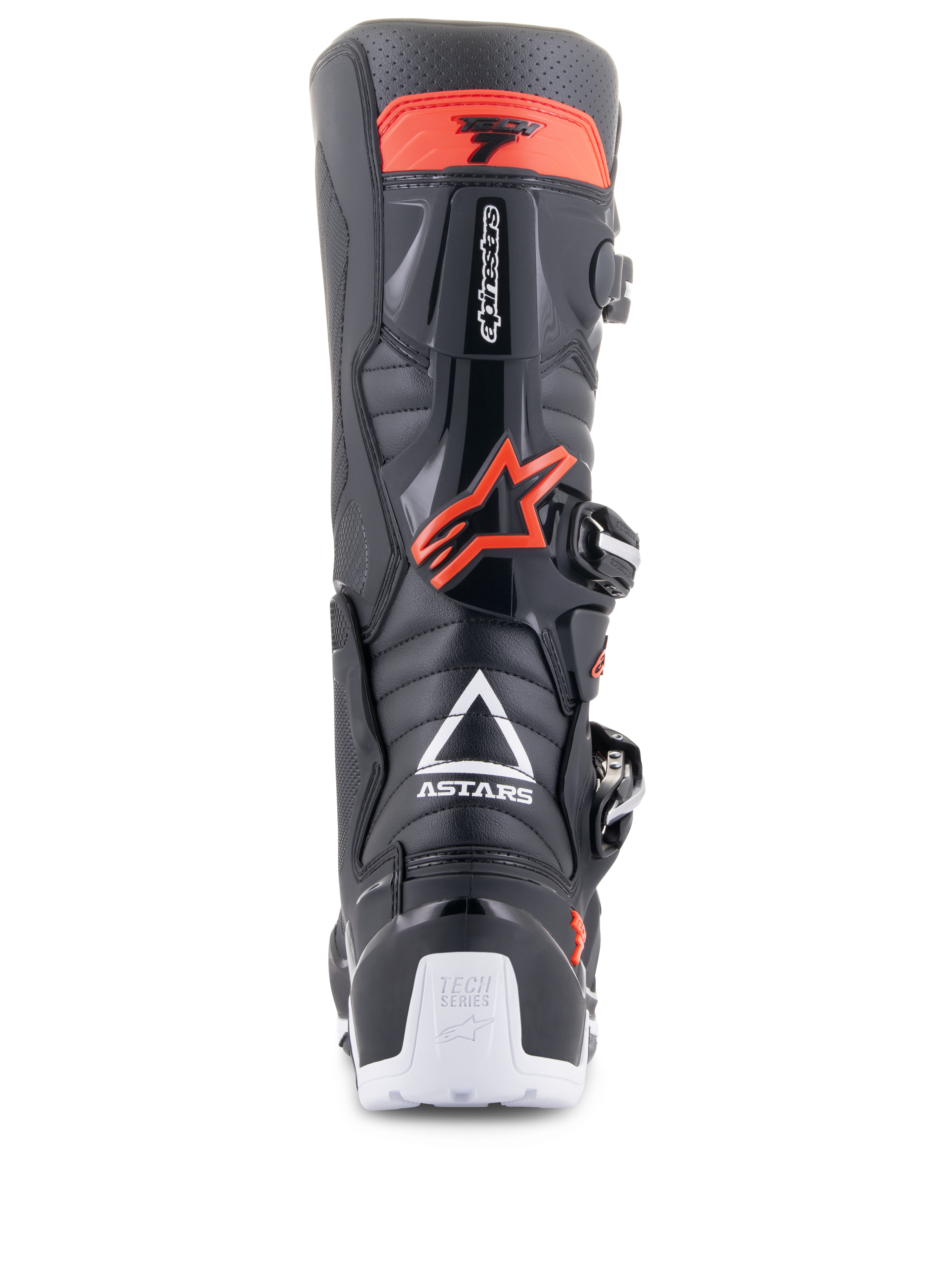 Botas Alpinestars Tech 7 Enduro, preto e vermelho fluo, vista traseira com logótipo ASTARS branco, proteção de panturrilha em TPU vermelho e detalhes brancos no calcanhar, calçado durável para motociclismo todo-o-terreno