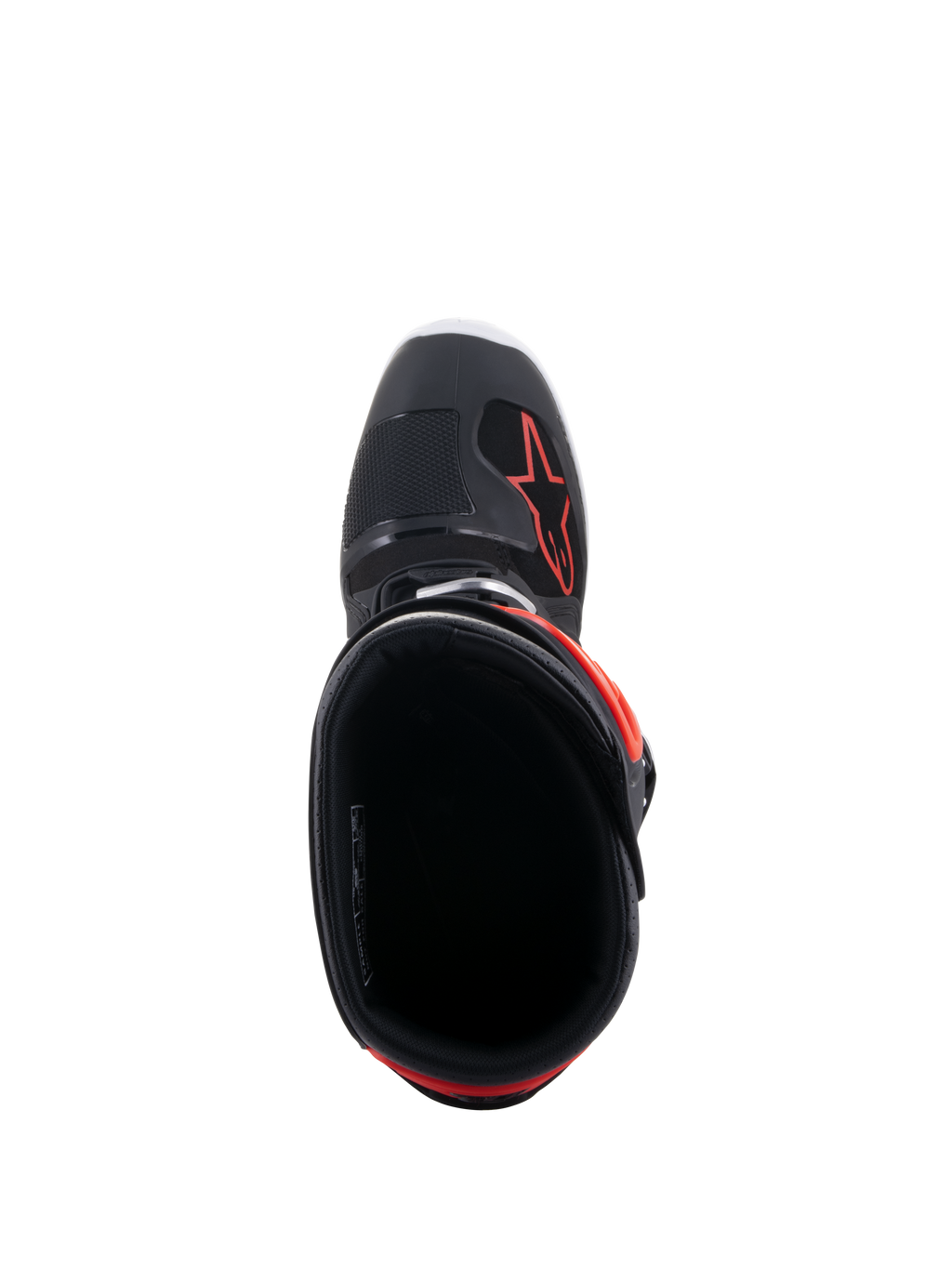 Botas Alpinestars Tech 7 Enduro, pretas e vermelho fluo, vista superior da abertura da bota, com forro interior preto e logótipo de estrela vermelho na parte frontal