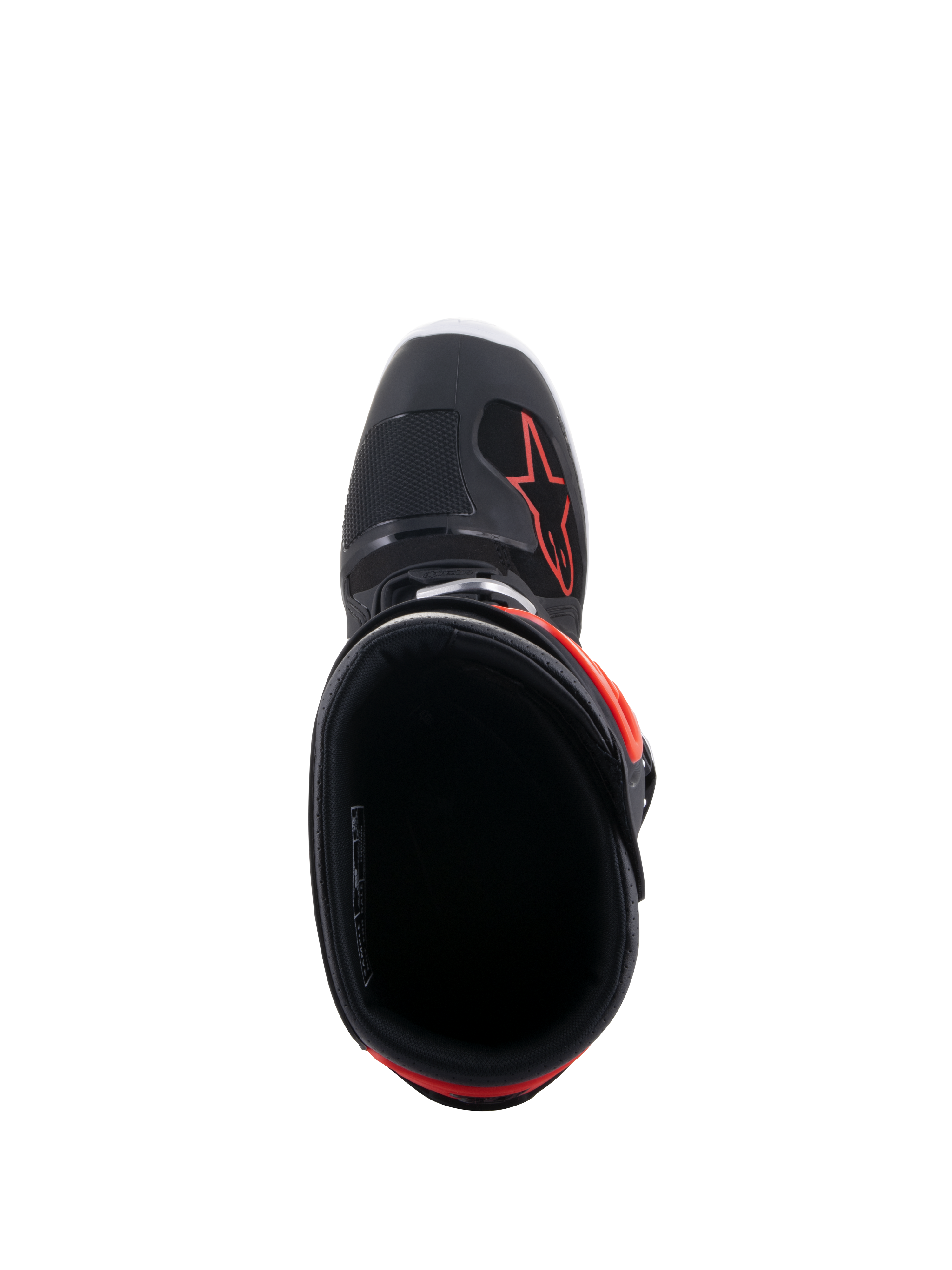 Botas Alpinestars Tech 7 Enduro, pretas e vermelho fluo, vista superior da abertura da bota, com forro interior preto e logótipo de estrela vermelho na parte frontal
