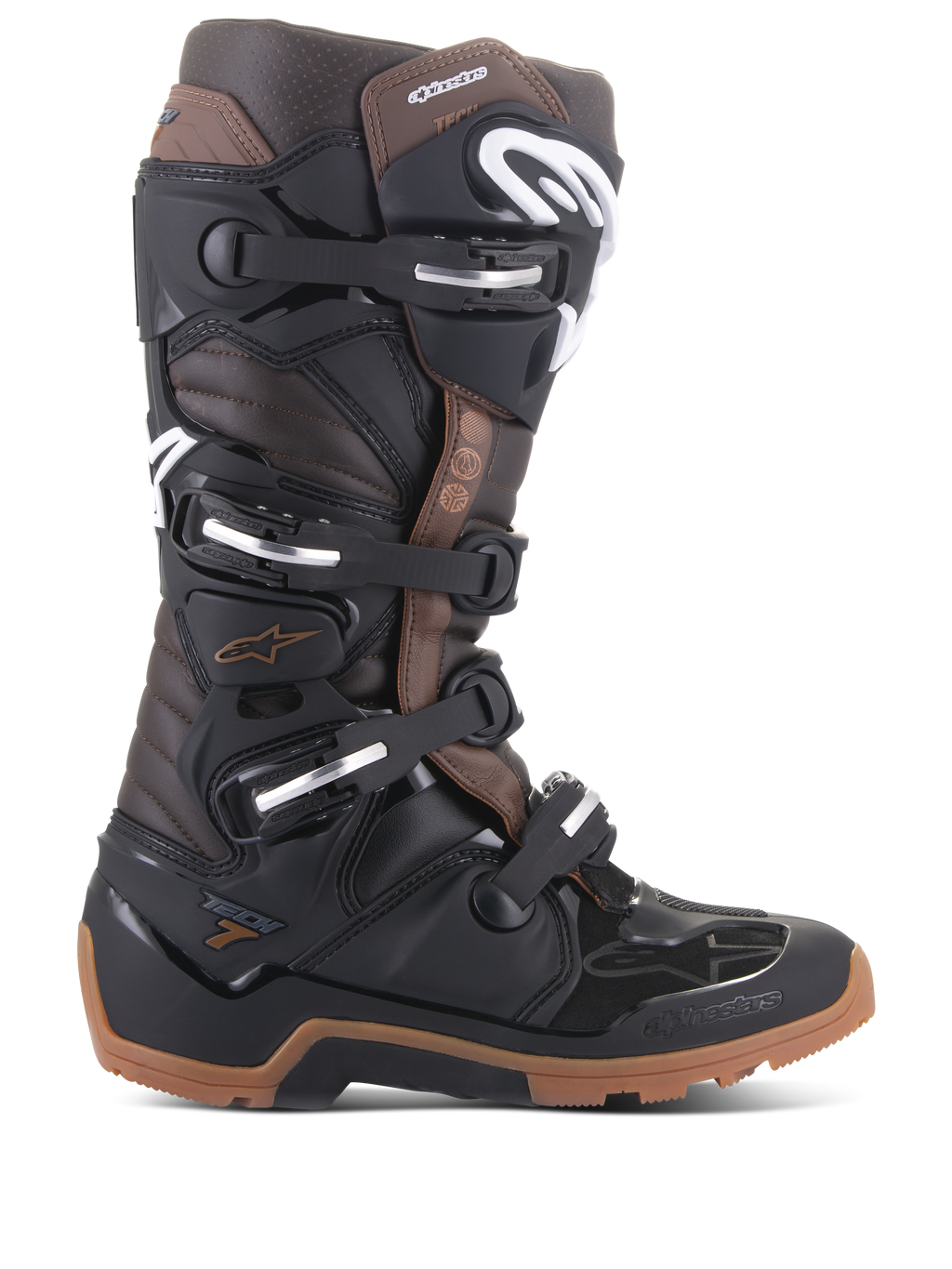 Alpinestars Tech 7 Enduro Boots, botas de motociclismo todo-o-terreno, pretas e castanho escuro, múltiplas fivelas ajustáveis, sola de enduro robusta, construção protetora para a prática de enduro e motocross