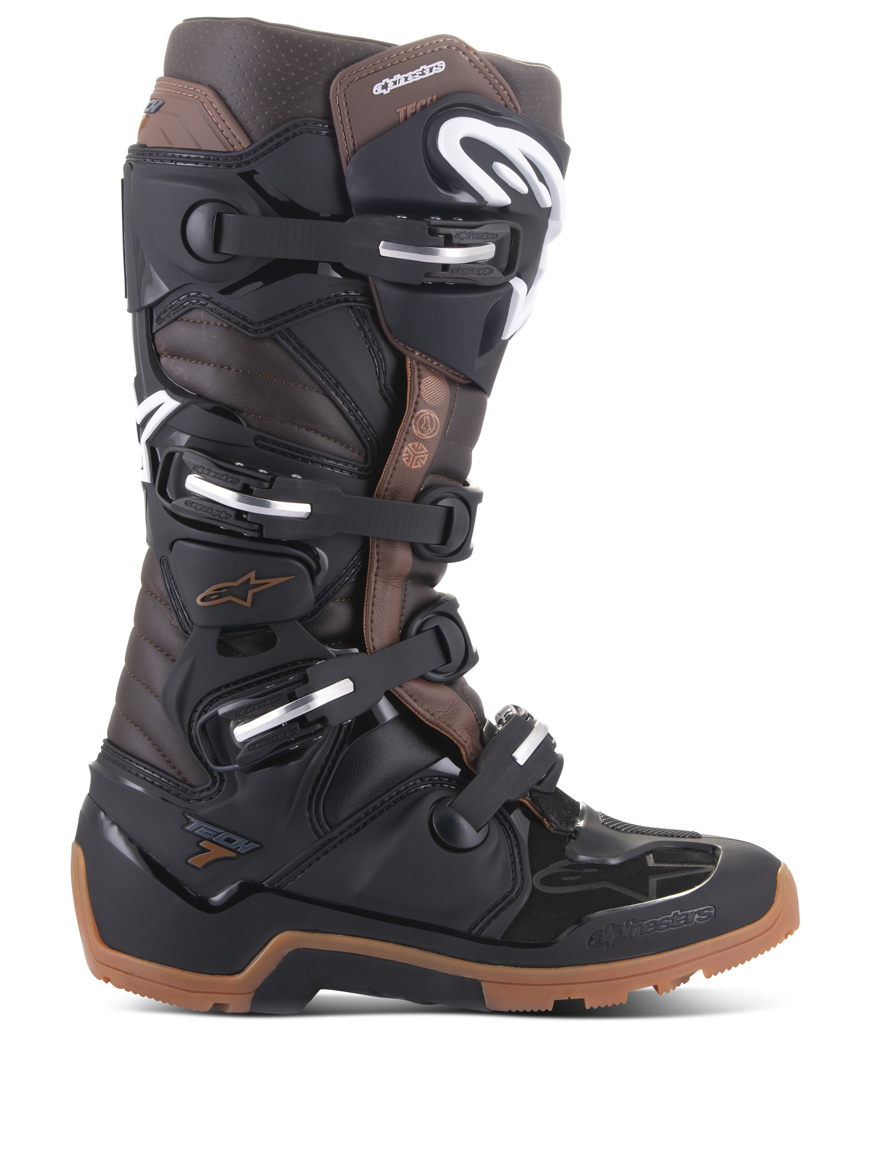 Alpinestars Tech 7 Enduro Boots, botas de motociclismo todo-o-terreno, pretas e castanho escuro, múltiplas fivelas ajustáveis, sola de enduro robusta, construção protetora para a prática de enduro e motocross