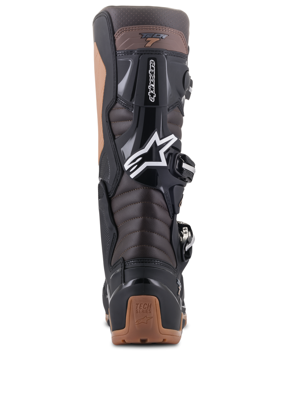 Botas Alpinestars Tech 7 Enduro, pretas e castanho escuro, vista traseira mostrando as zonas de flexão em acordeão no tendão de Aquiles e proteção em TPU, com logótipo da estrela Alpinestars em branco e detalhes no calcanhar em bege, design robusto para Enduro e todo-o-terreno