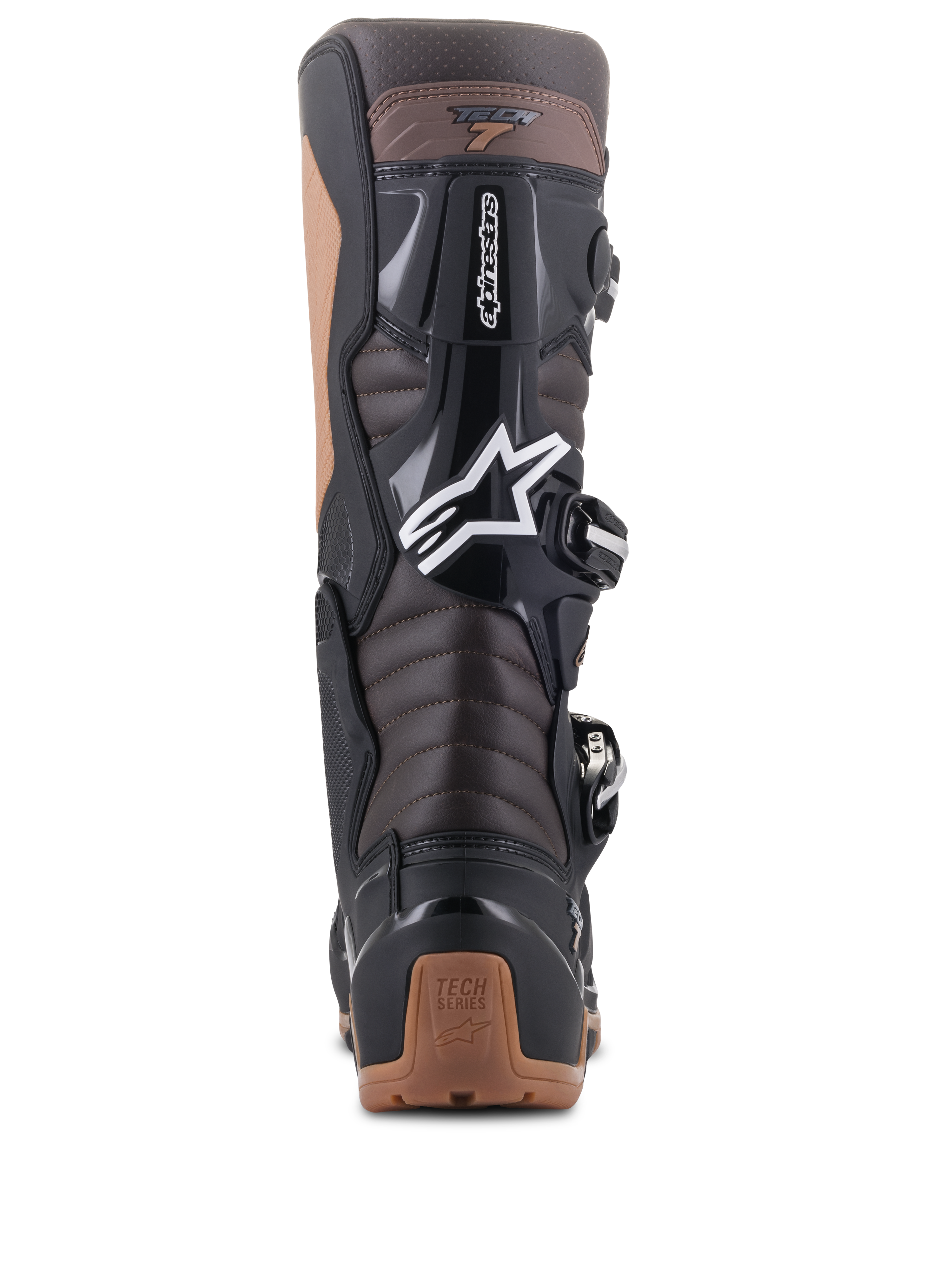 Botas Alpinestars Tech 7 Enduro, pretas e castanho escuro, vista traseira mostrando as zonas de flexão em acordeão no tendão de Aquiles e proteção em TPU, com logótipo da estrela Alpinestars em branco e detalhes no calcanhar em bege, design robusto para Enduro e todo-o-terreno