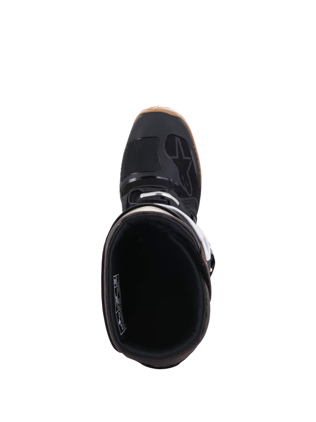 Botas Alpinestars Tech 7 Enduro, preto e castanho escuro, vista superior mostrando a abertura da bota e o forro interno, com detalhes de fivelas brancas e logótipo Alpinestars, calçado profissional de motociclismo para todo-o-terreno