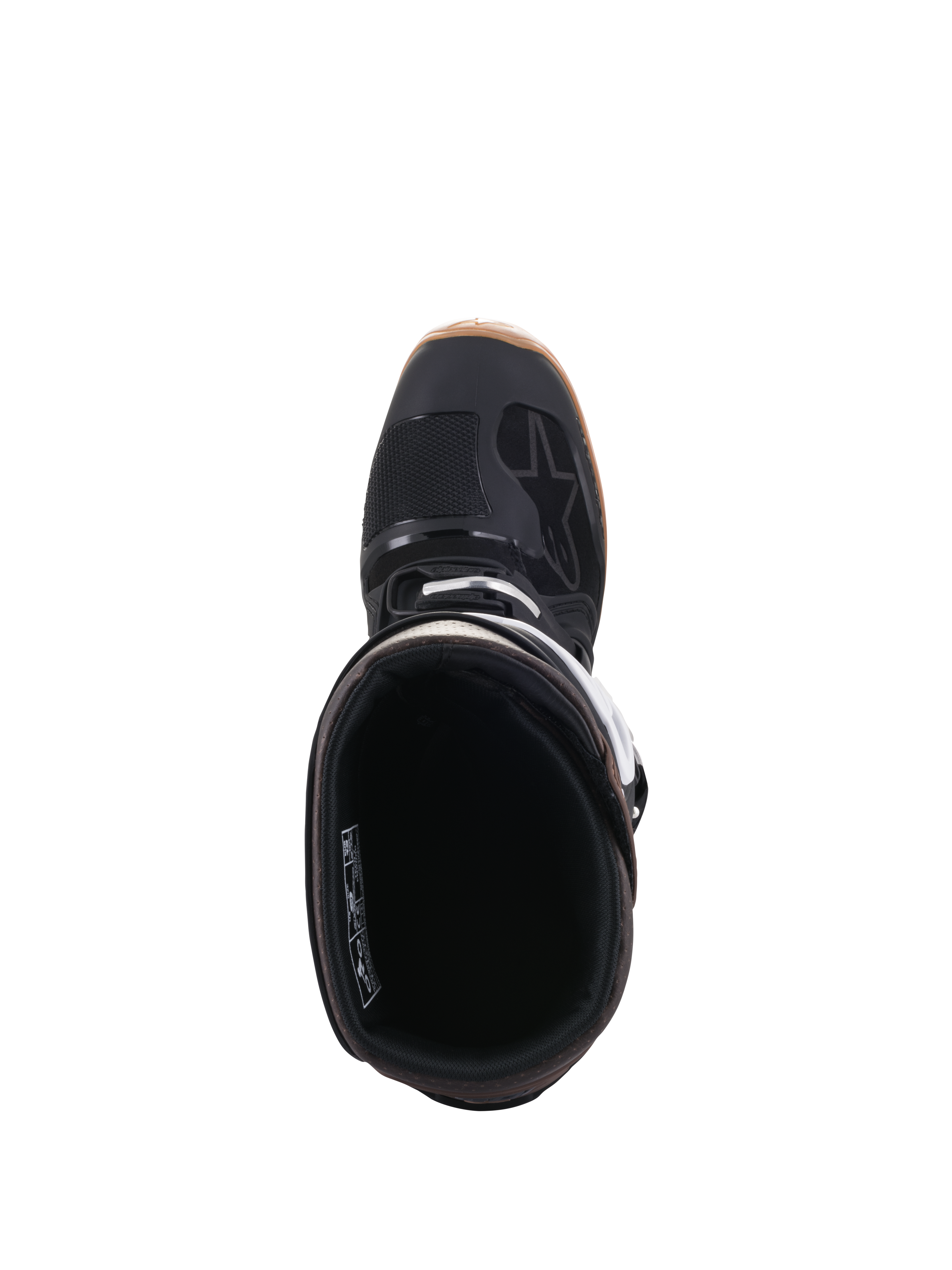 Botas Alpinestars Tech 7 Enduro, preto e castanho escuro, vista superior mostrando a abertura da bota e o forro interno, com detalhes de fivelas brancas e logótipo Alpinestars, calçado profissional de motociclismo para todo-o-terreno
