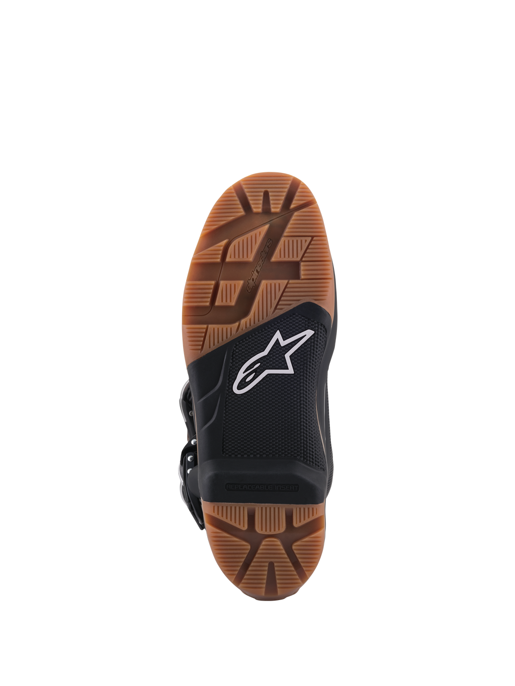 Botas Alpinestars Tech 7 Enduro, pormenor da sola, com padrão de rasto em borracha castanha e secção central preta com logótipo de estrela branco, inserção de apoio de pés substituível para aderência superior em todo-o-terreno