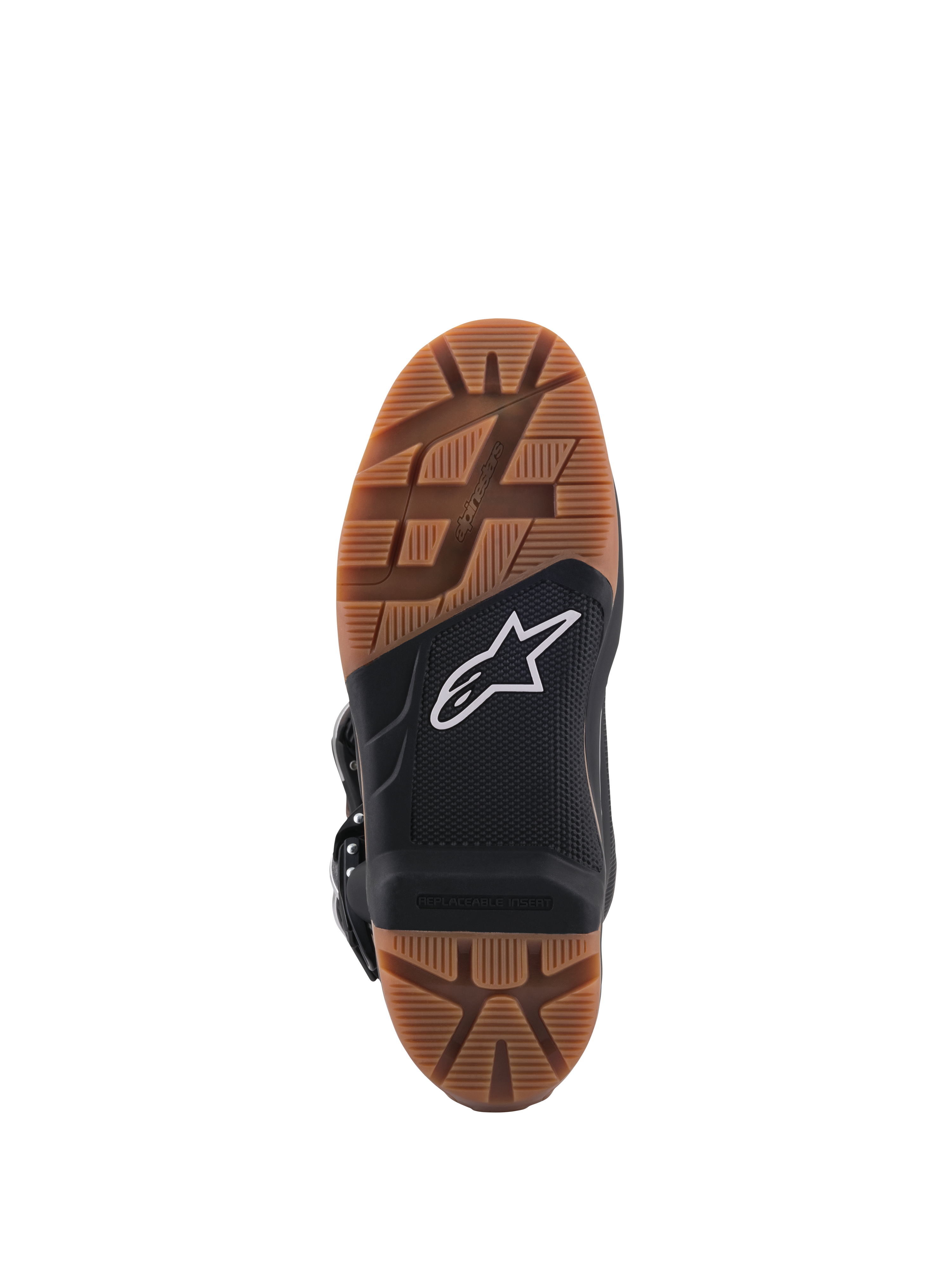 Botas Alpinestars Tech 7 Enduro, pormenor da sola, com padrão de rasto em borracha castanha e secção central preta com logótipo de estrela branco, inserção de apoio de pés substituível para aderência superior em todo-o-terreno