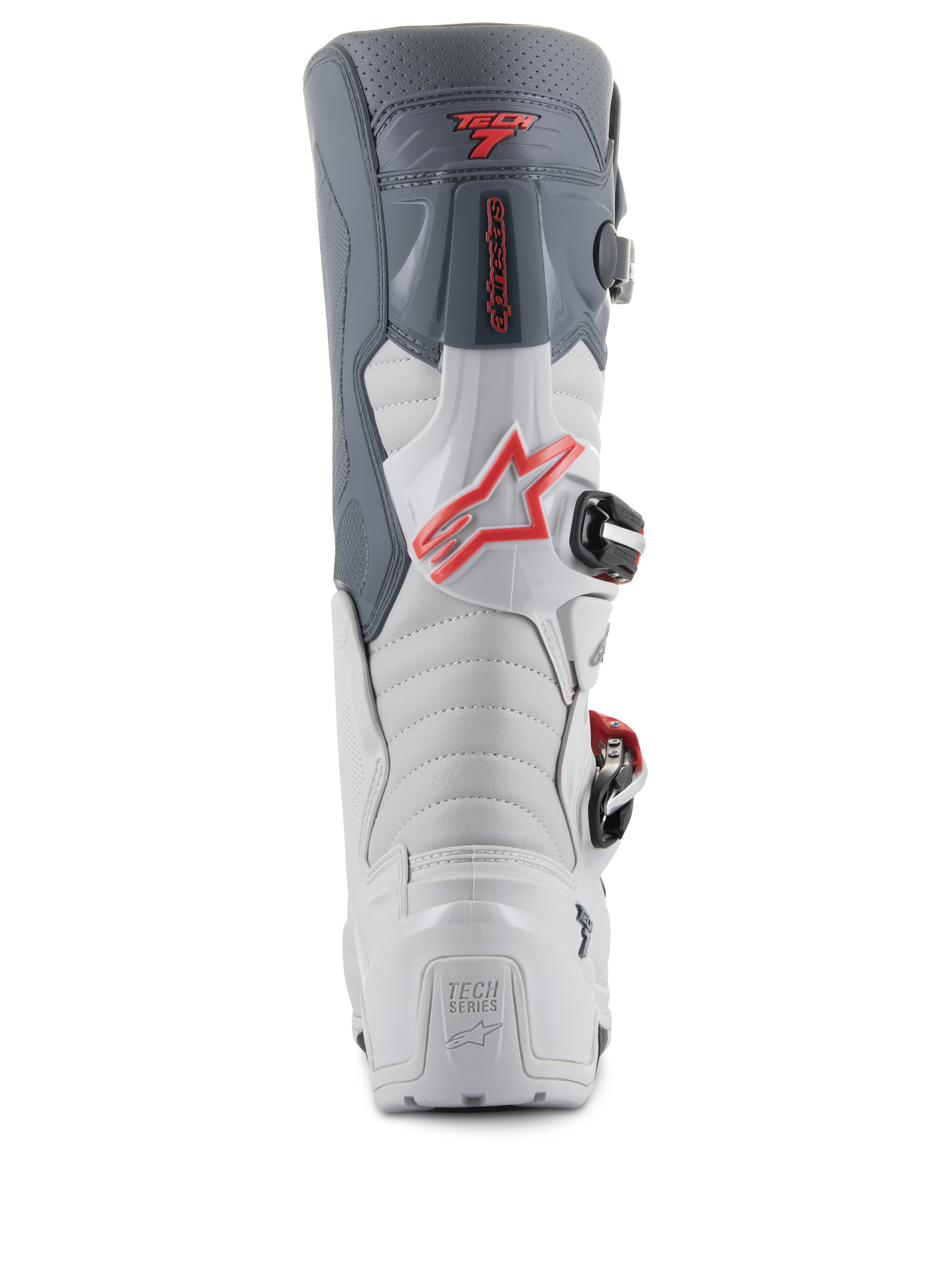 Alpinestars Tech 7 Enduro Boots, Rear view, Light Gray and Dark Gray with Bright Red accents, featuring a reinforced heel with 'TECH SERIES' branding, a red star logo, and a durable buckle closure system.