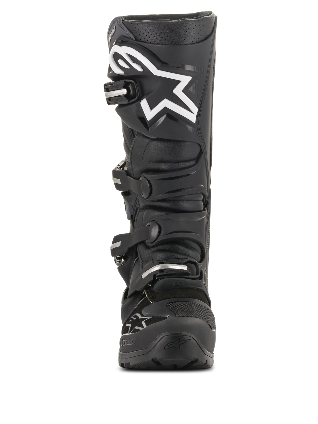 Alpinestars Tech 7 Enduro Drystar® Boots, Black Motocross Boots, front view featuring a large white star logo on the shin, four-buckle closure system, durable TPU construction for enduro and off-road riding
