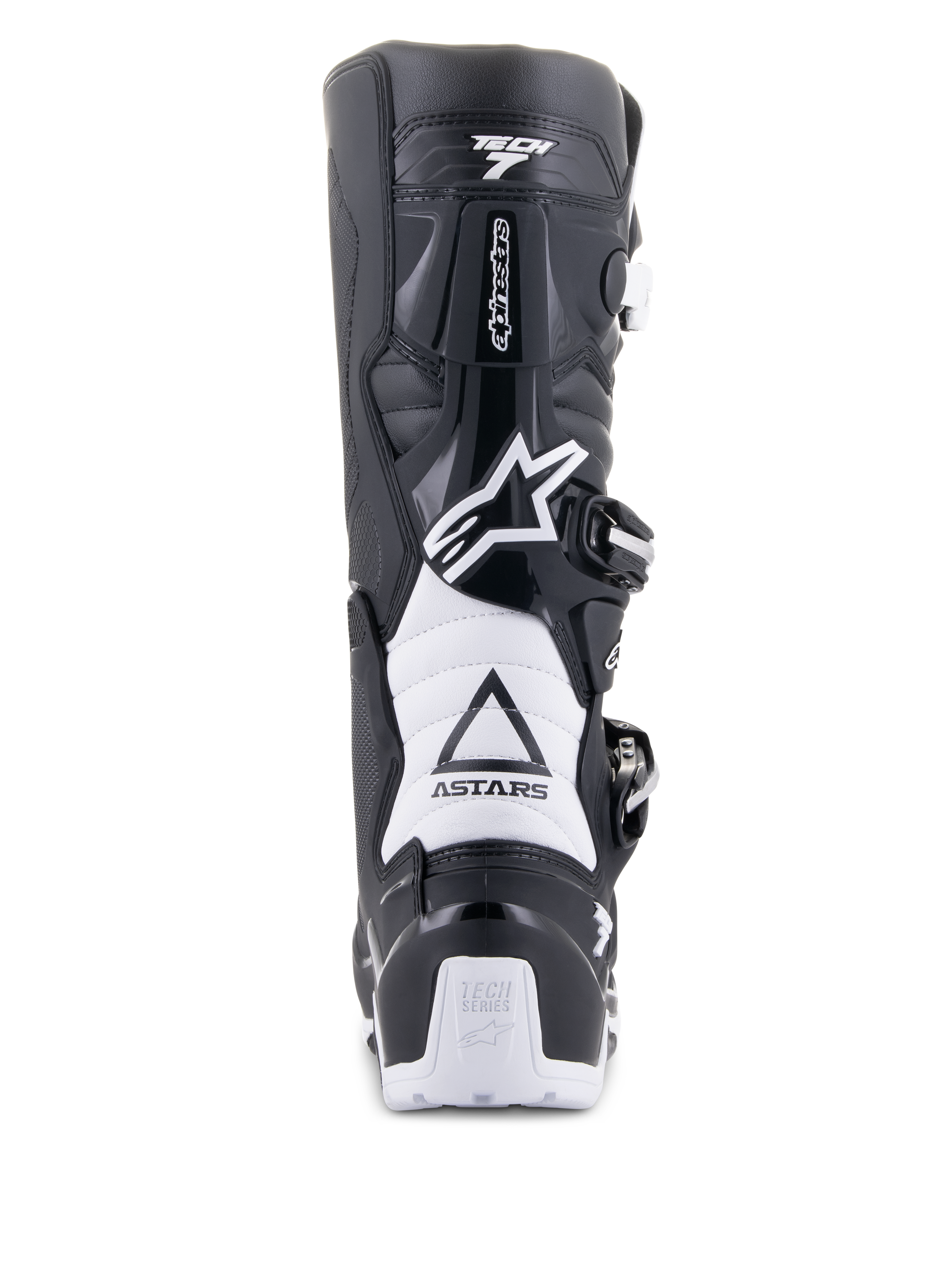 Alpinestars Tech 7 Enduro Drystar Boots, Black and White, rear view showing TPU protective structure, white accordion flex zones, and buckle closure system, featuring Alpinestars branding on the heel and upper