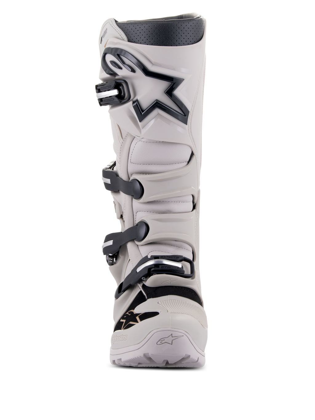 Alpinestars Tech 7 Enduro Drystar® Boots, Enduro and Off-Road Motorcycle Boots, Gray Sand, light gray with black accents and logo, featuring a four-buckle closure system, reinforced shin plate, and rugged design for all-weather performance