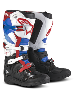 Honda Tech 7 Enduro Drystar® Boots, Motorcycle Enduro Boots, Red Blue Black and White, Multiple Adjustable Buckles, Honda Branding, Rugged Protection, Tall Ankle Support Design