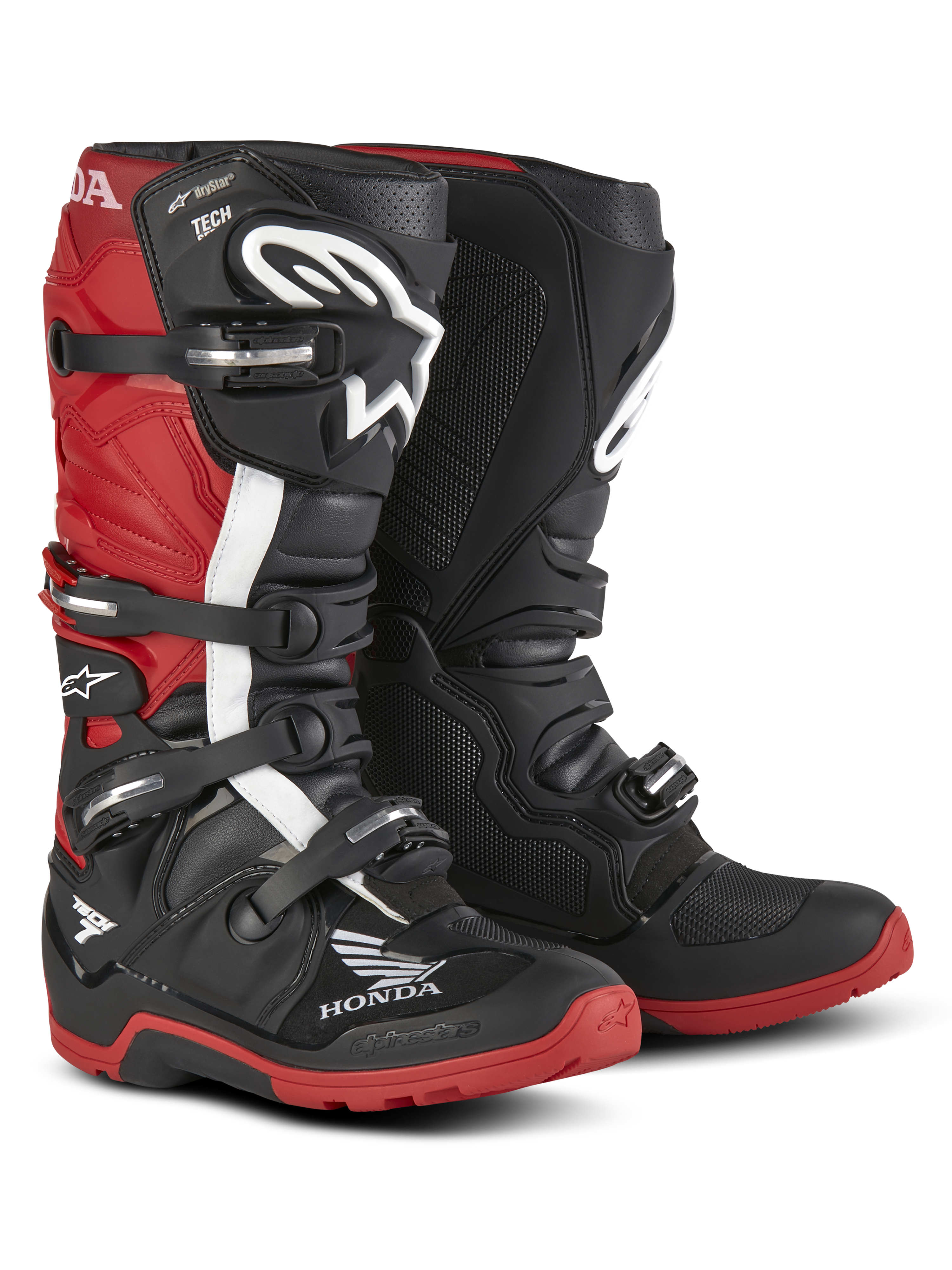 Alpinestars Honda Tech 7 Enduro Drystar® Boots, Enduro Motorcycle Boots, Black and Bright Red, three-quarter front view featuring a four-buckle closure system, protective shin plates, and high-grip red soles with prominent Honda and Alpinestars logos.