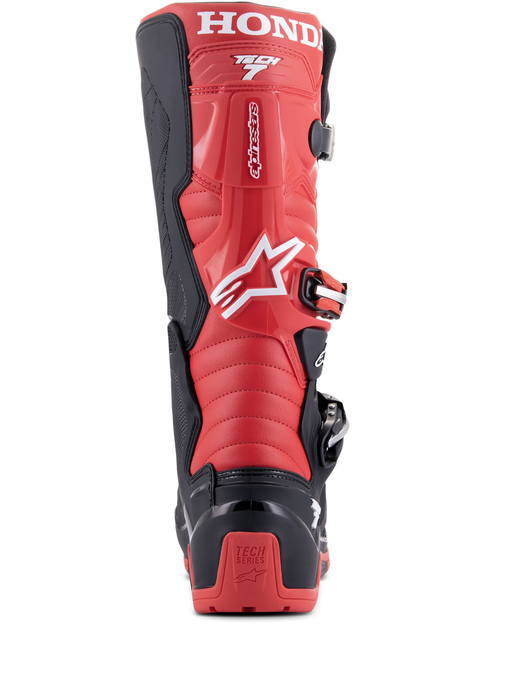 Alpinestars Honda Tech 7 Enduro Drystar® Boots, Black and Bright Red, Rear view featuring prominent HONDA branding on the upper calf, TPU heel protector with Tech Series logo, and secure buckle closure system