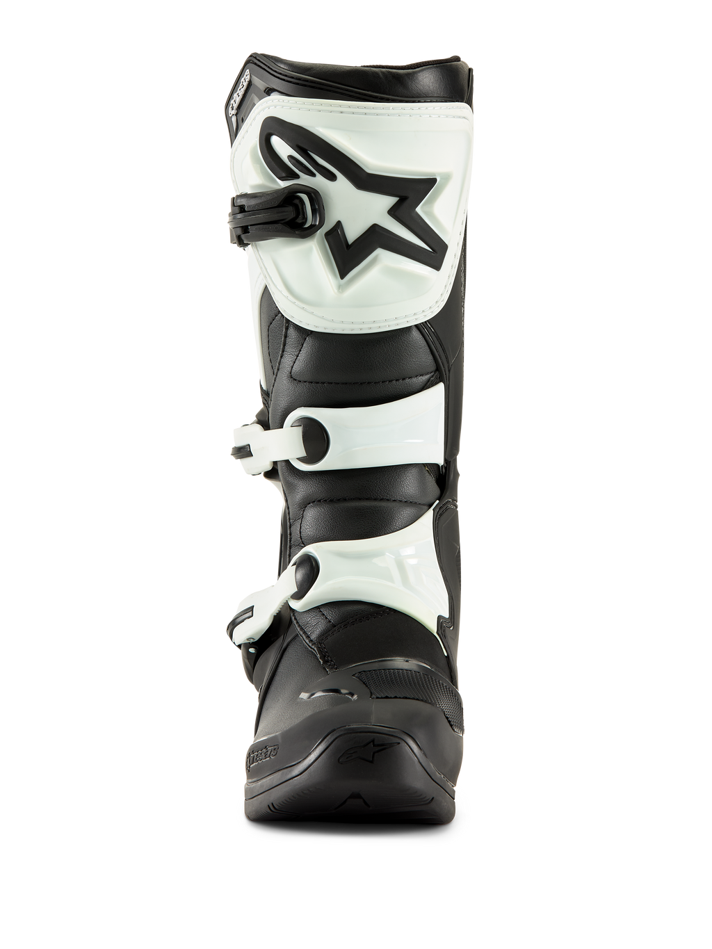 Alpinestars Tech 3 Boots, Motocross Boots, Black and White, front view showing white TPU shin plate with black star logo and white buckle straps, durable off-road footwear