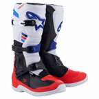 Botas Alpinestars Tech 3, botas de motocross e todo-o-terreno, brancas, vermelho vivo e azul escuro, com fecho de fivela tripla, placas de TPU na canela e calcanhar, construção em microfibra durável com solas brancas e detalhes do logótipo em azul