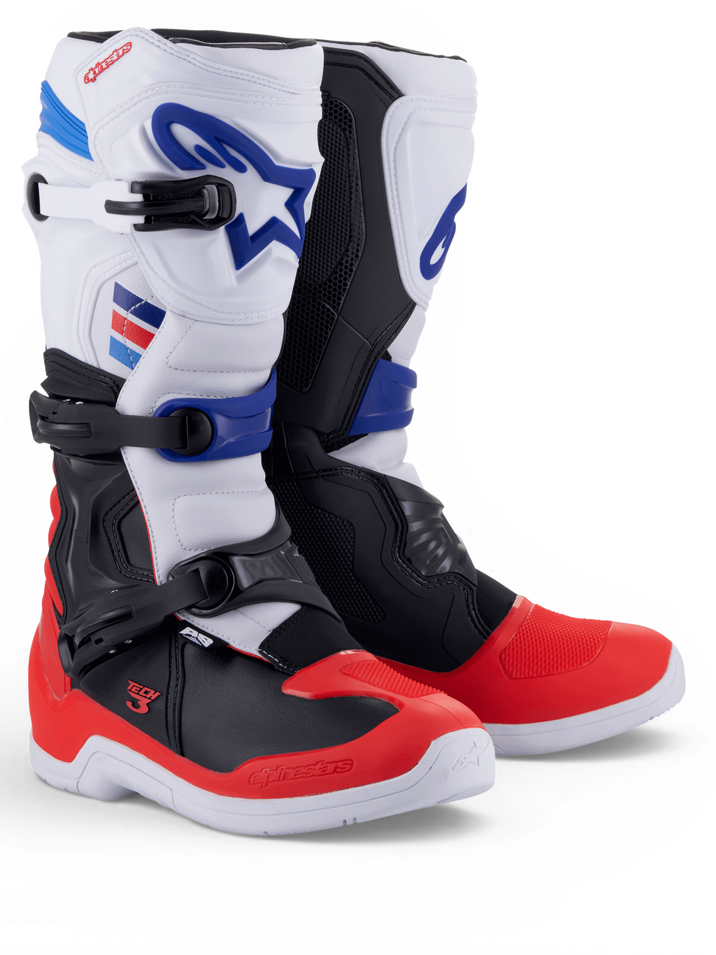Alpinestars Tech 3 Boots, white and bright red motocross boots with dark blue accents and triple buckle closures, pair shown
