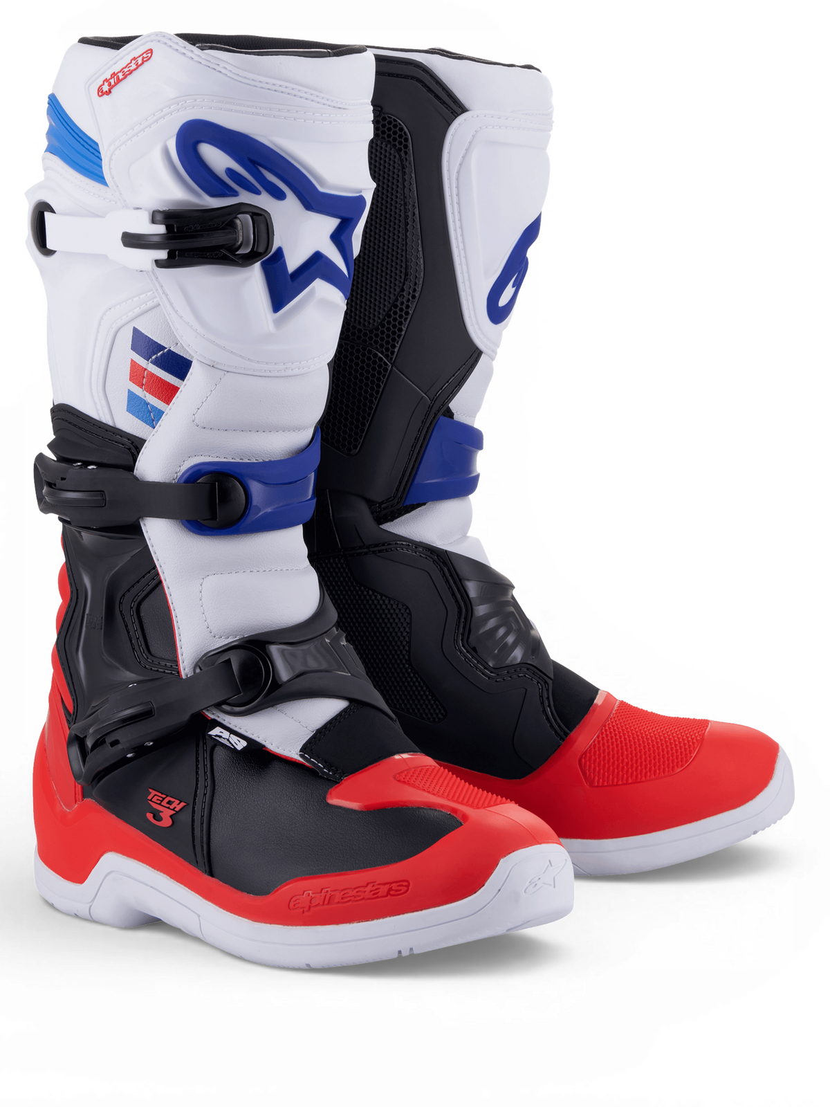 Alpinestars Tech 3, botas de motocross brancas com vermelho vivo e detalhes azul-escuros, três fivelas, par apresentado