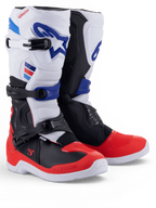 Alpinestars Tech 3 Boots, white and bright red motocross boots with dark blue accents and triple buckle closures, pair shown