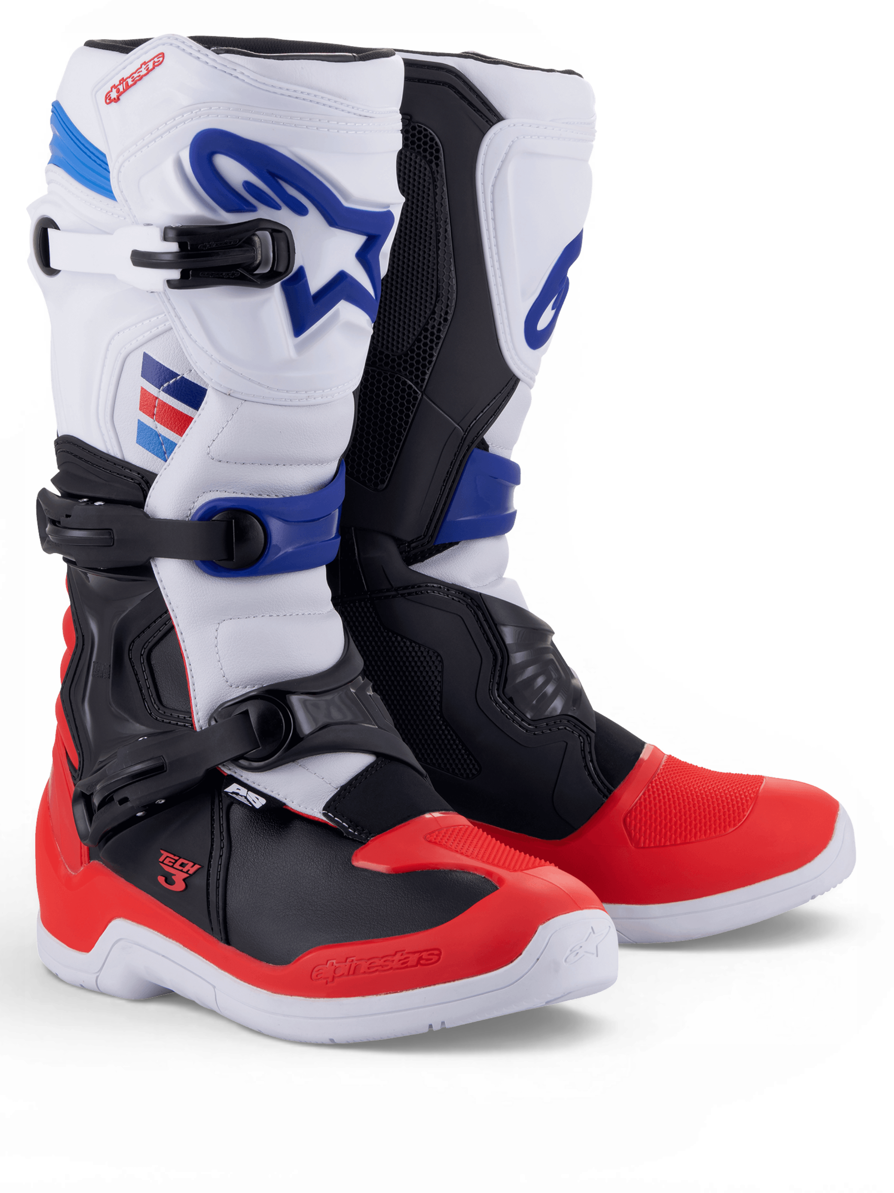 Alpinestars Tech 3 Boots, white and bright red motocross boots with dark blue accents and triple buckle closures, pair shown