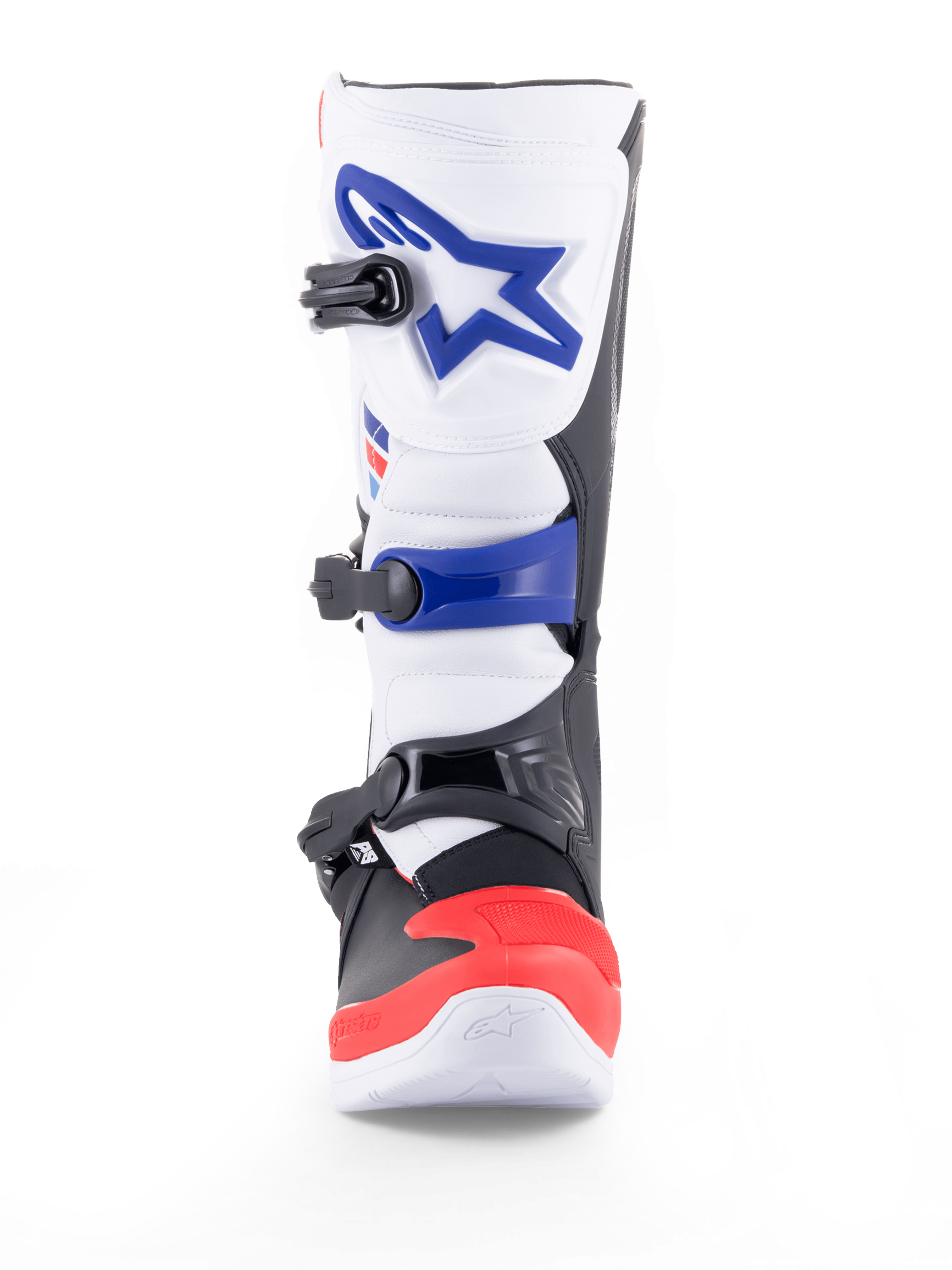 Alpinestars Tech 3 Boots, motocross and off-road motorcycle boots in white, bright red and dark blue, with TPU protection, microfiber upper and triple buckle closure, CE certified