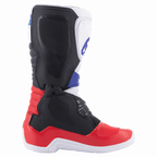 Botas Alpinestars Tech 3, botas de motocross, brancas, vermelho vivo e azul escuro, vista lateral de perfil realçando a placa de canela em TPU e a construção protetora, material sintético durável para condução todo-o-terreno