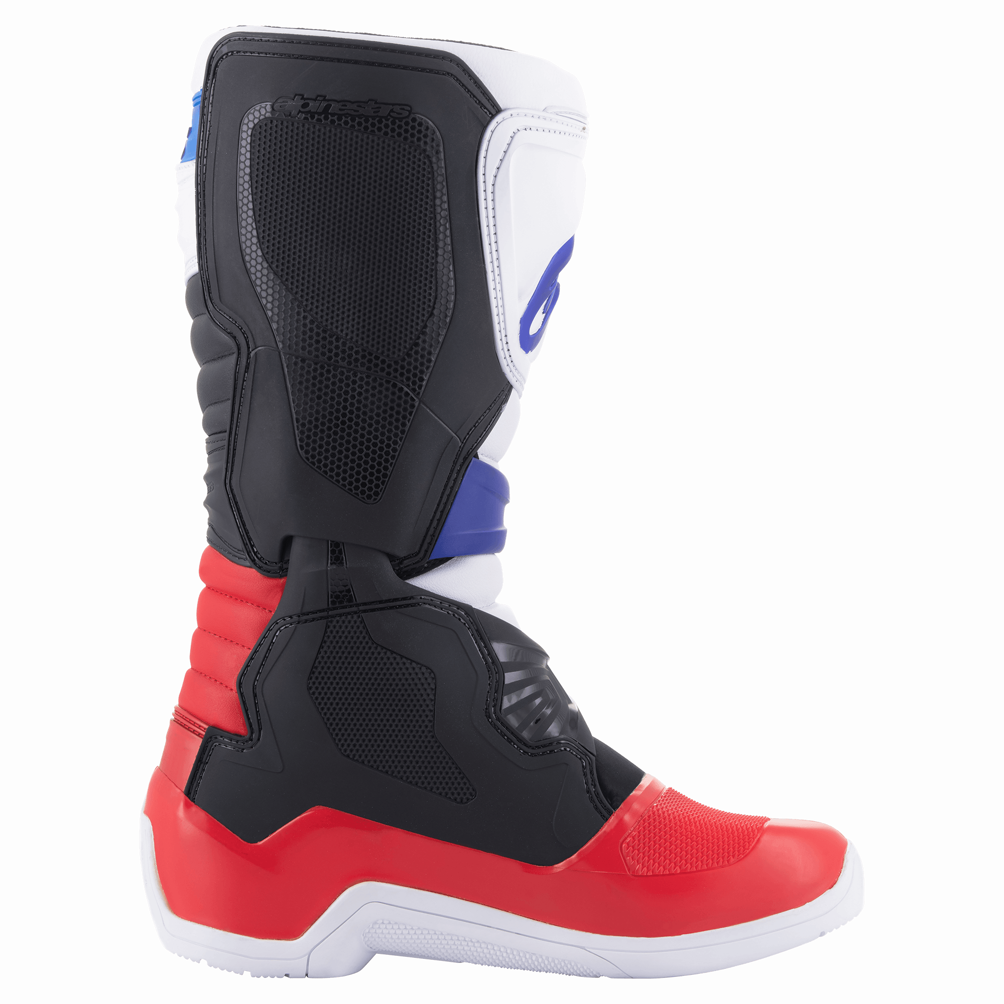 Botas Alpinestars Tech 3, botas de motocross, brancas, vermelho vivo e azul escuro, vista lateral de perfil realçando a placa de canela em TPU e a construção protetora, material sintético durável para condução todo-o-terreno
