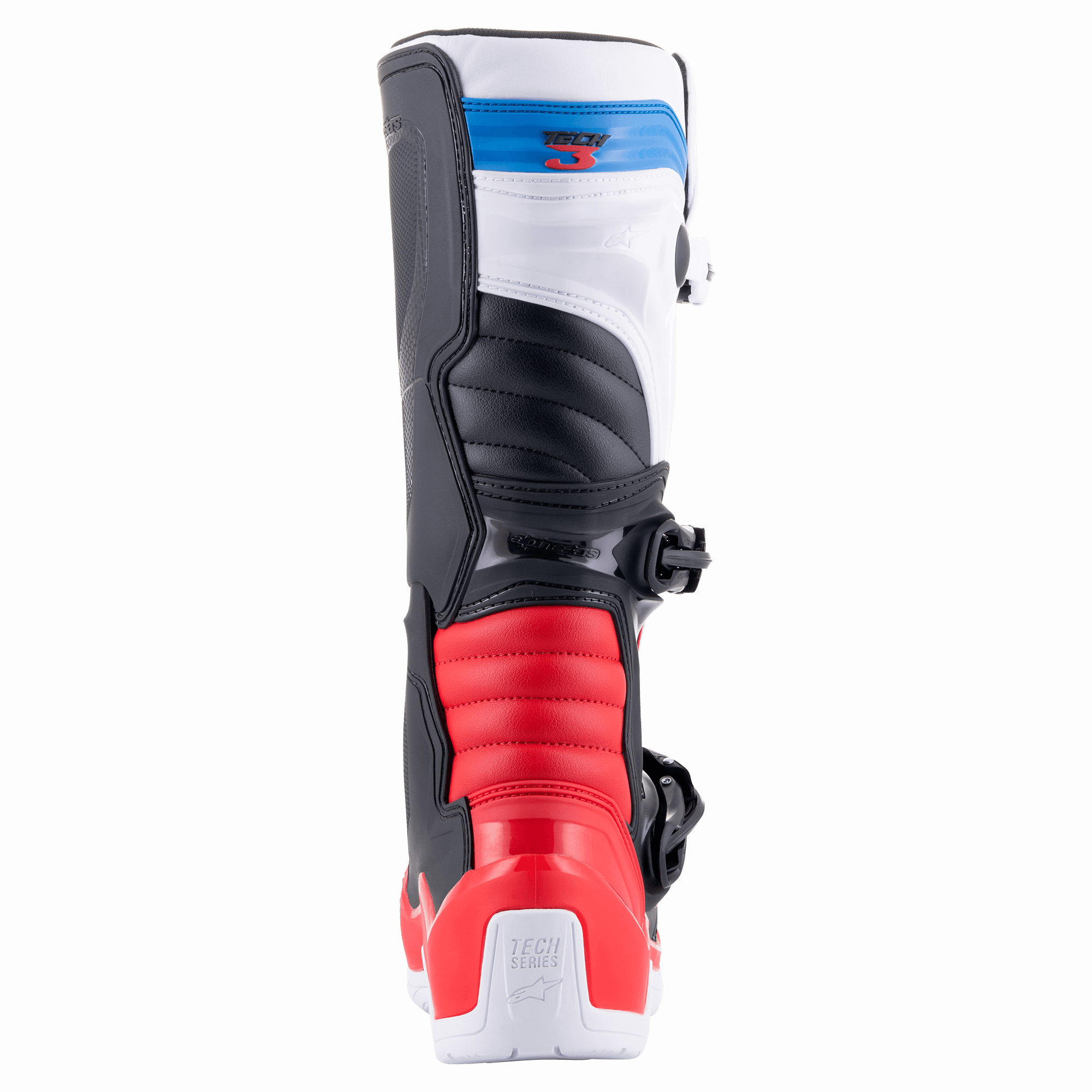 Botas Alpinestars Tech 3, botas de motocross, branco, vermelho vivo e azul escuro, vista traseira que mostra as zonas de flexão em acordeão vermelhas, parte superior branca com tira de logótipo azul e contraforte protetor do calcanhar