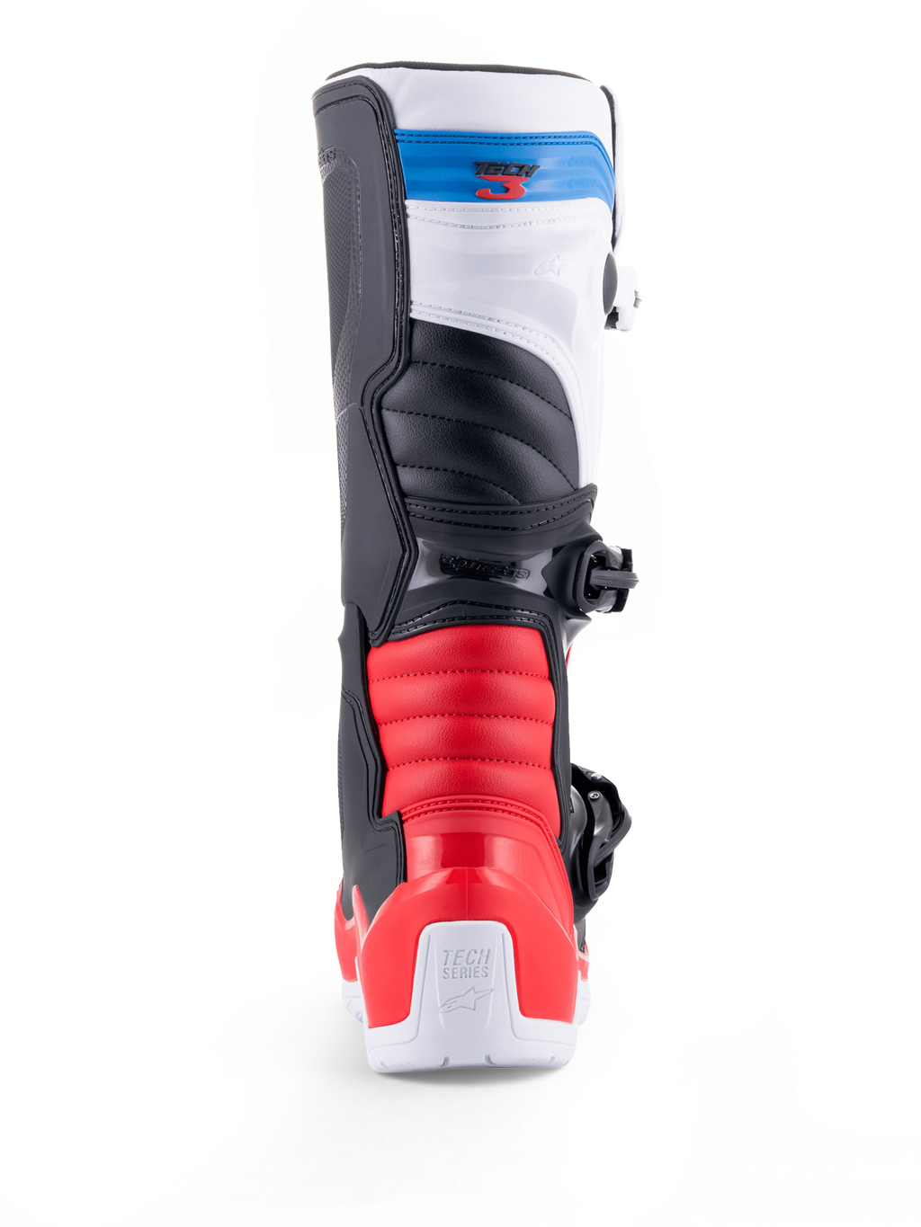 Alpinestars Tech 3 Boots, motocross off-road motorcycle boot shown from the rear, white with bright red and dark blue accents, protective TPU construction and buckle closure