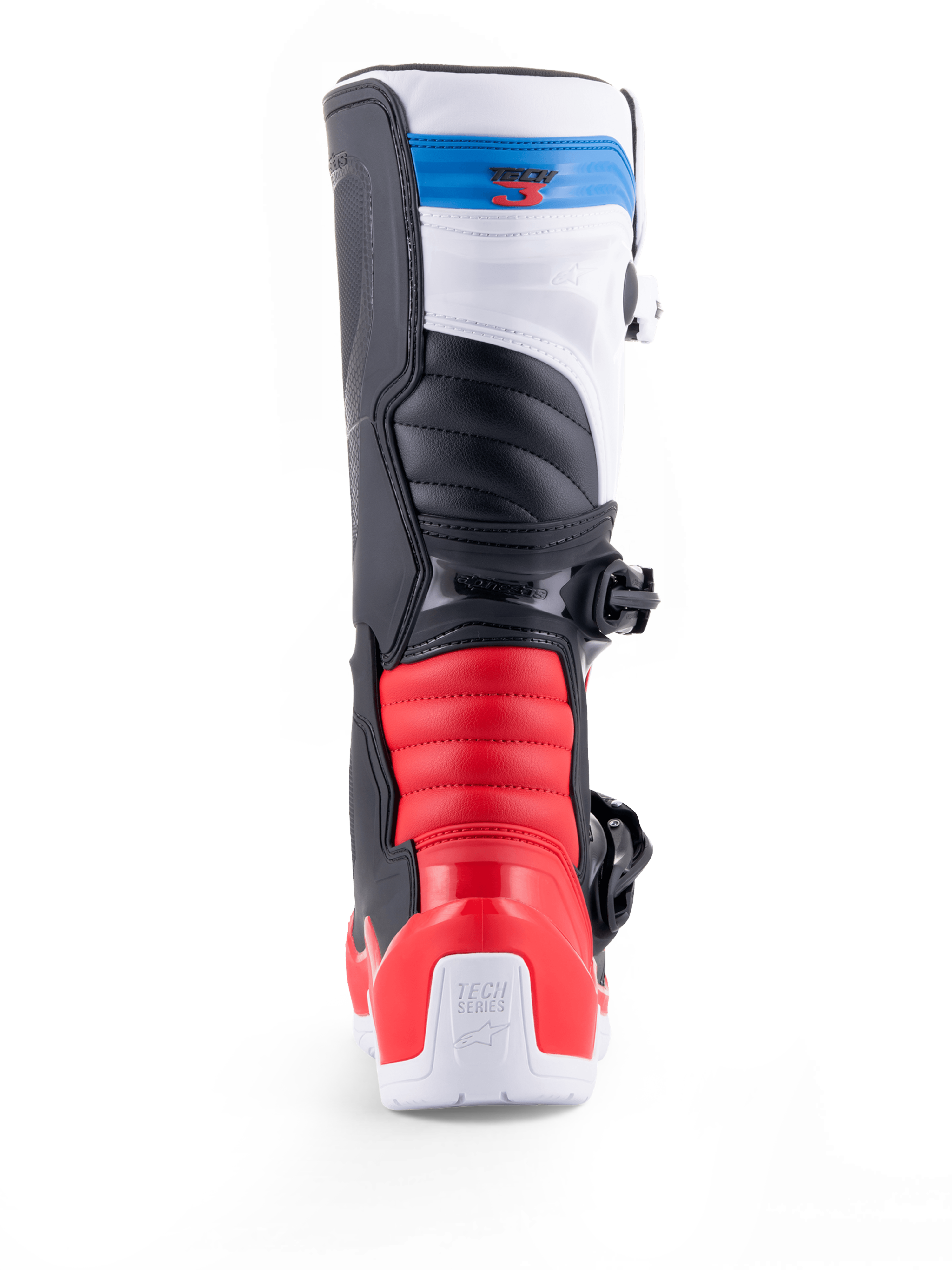 Alpinestars Tech 3 Boots, motocross off-road motorcycle boot shown from the rear, white with bright red and dark blue accents, protective TPU construction and buckle closure