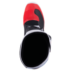 Botas Alpinestars Tech 3, botas de motocross, branco, vermelho vivo e azul escuro, vista superior para a abertura da bota, apresentando biqueira vermelha e forro interior preto, construção leve em microfibra e TPU para todo-o-terreno