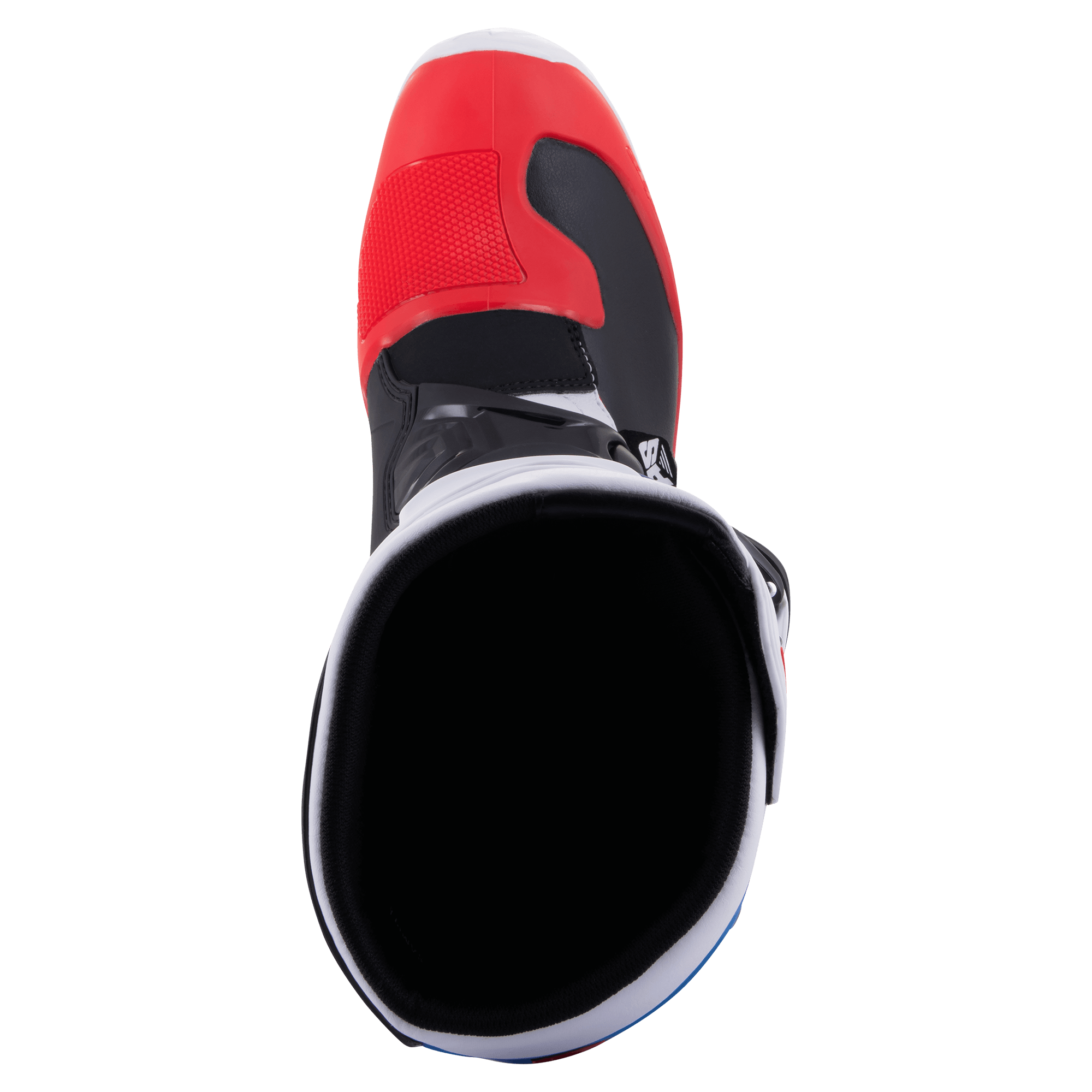 Botas Alpinestars Tech 3, botas de motocross, branco, vermelho vivo e azul escuro, vista superior para a abertura da bota, apresentando biqueira vermelha e forro interior preto, construção leve em microfibra e TPU para todo-o-terreno