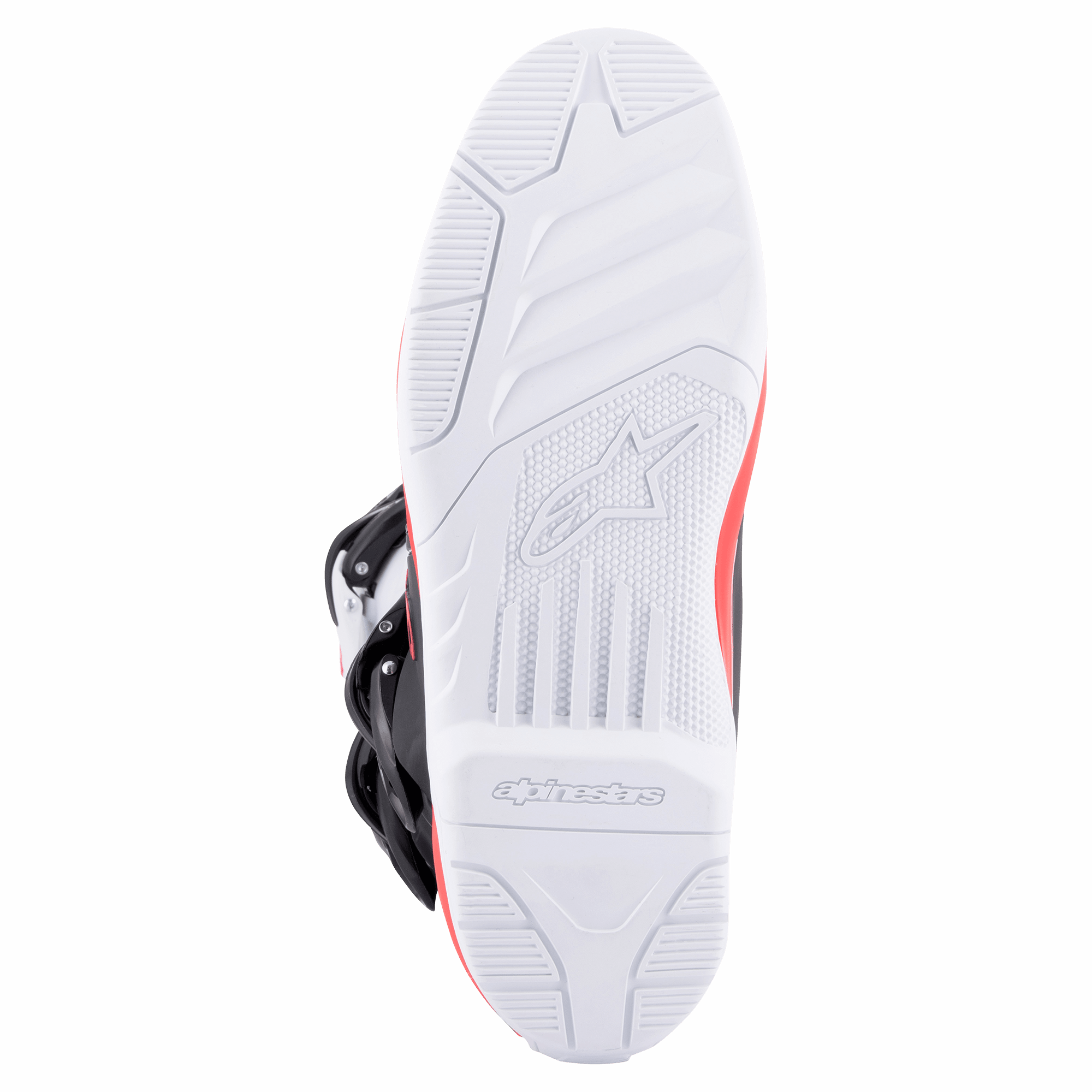 Botas Alpinestars Tech 3, Branco Vermelho Brilhante Azul Escuro, pormenor da sola exterior em borracha branca de alta aderência com rasto texturizado e logótipo em baixo-relevo, concebidas para performance em motocross e todo-o-terreno