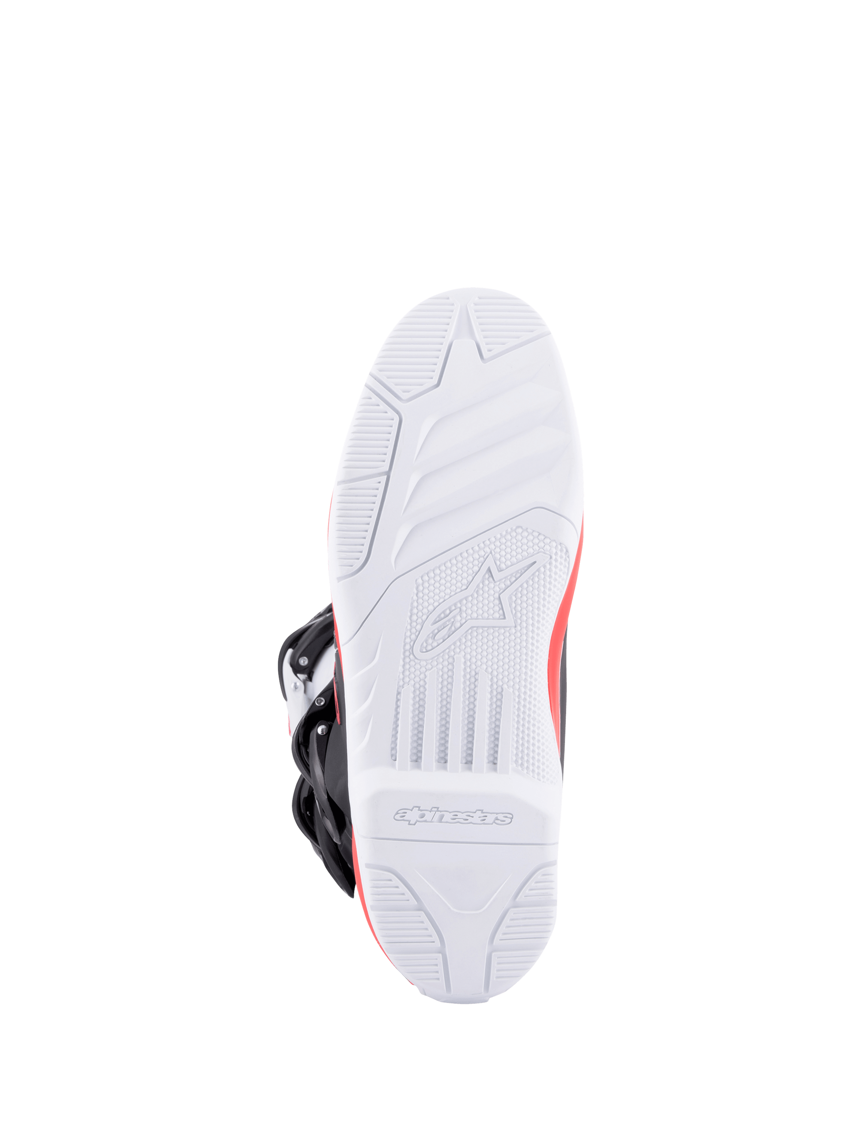Alpinestars Tech 3 Boots, motocross boots shown from the underside with a high-grip white outsole, bright red and dark blue accents, and black buckles